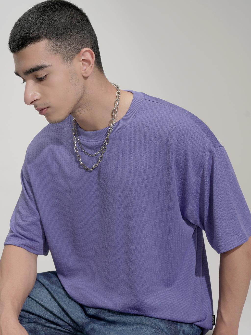 Highlander Men Purple Self Design Round Neck Oversized Fit T-Shirt - Purple - Image 1