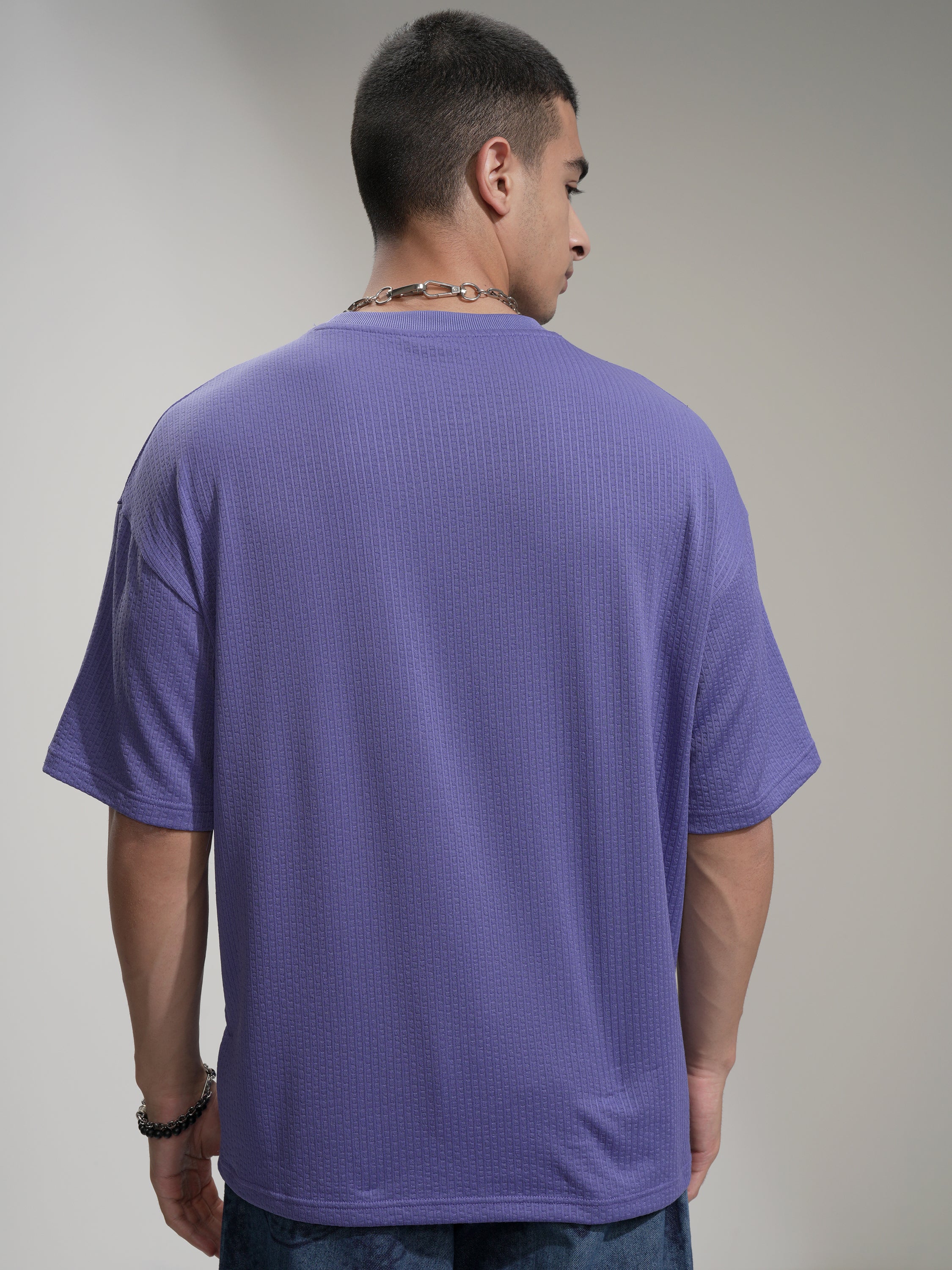 Highlander Men Purple Self Design Round Neck Oversized Fit T-Shirt - Purple - Image 3
