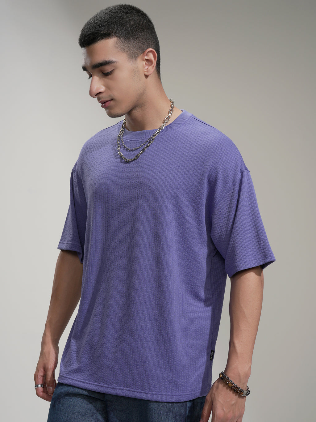Highlander Men Purple Self Design Round Neck Oversized Fit T-Shirt - Purple - Image 4