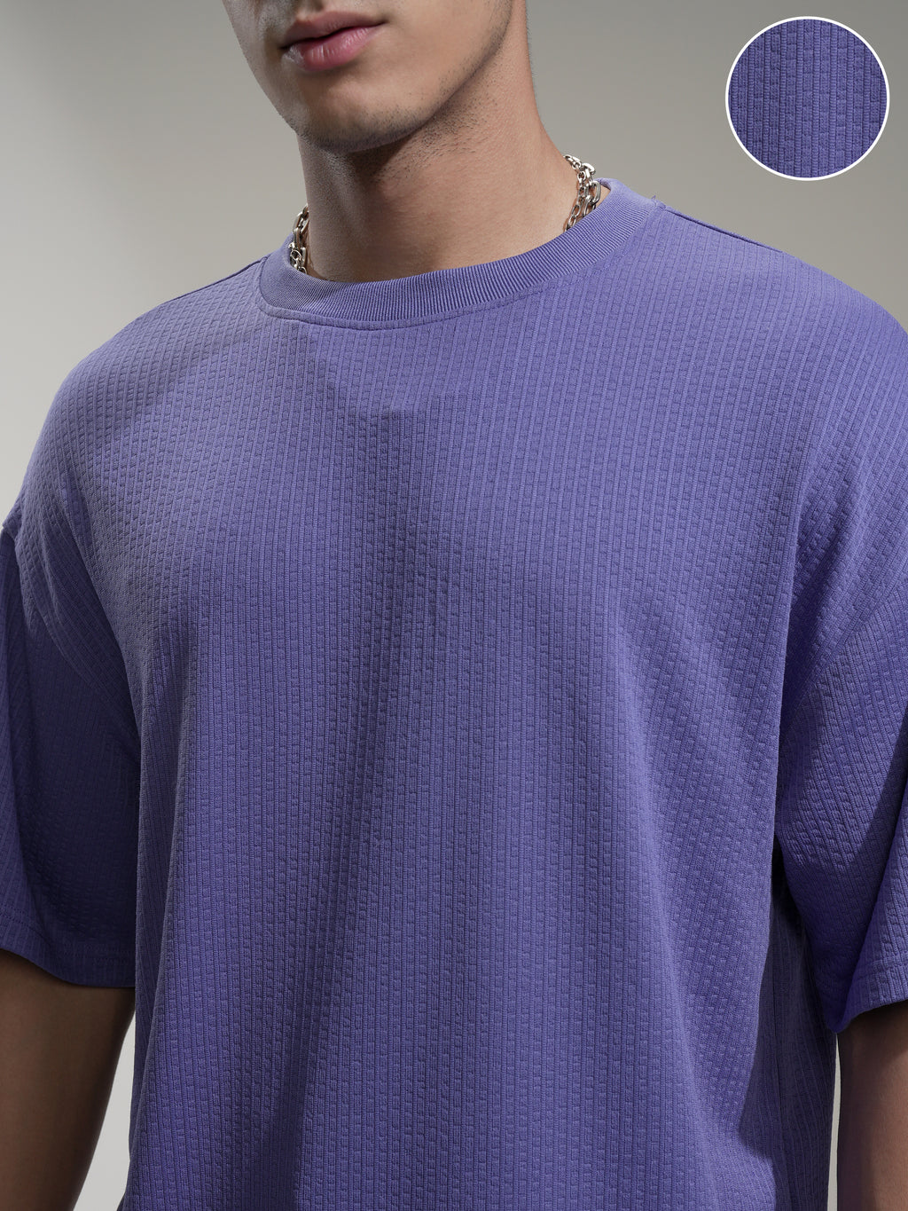 Highlander Men Purple Self Design Round Neck Oversized Fit T-Shirt - Purple - Image 5
