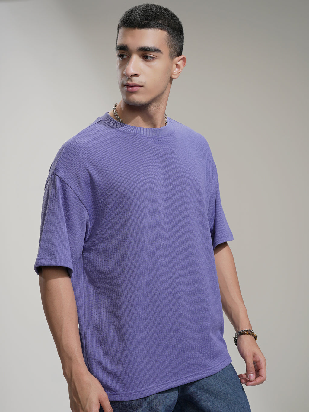 Highlander Men Purple Self Design Round Neck Oversized Fit T-Shirt - Purple - Image 6