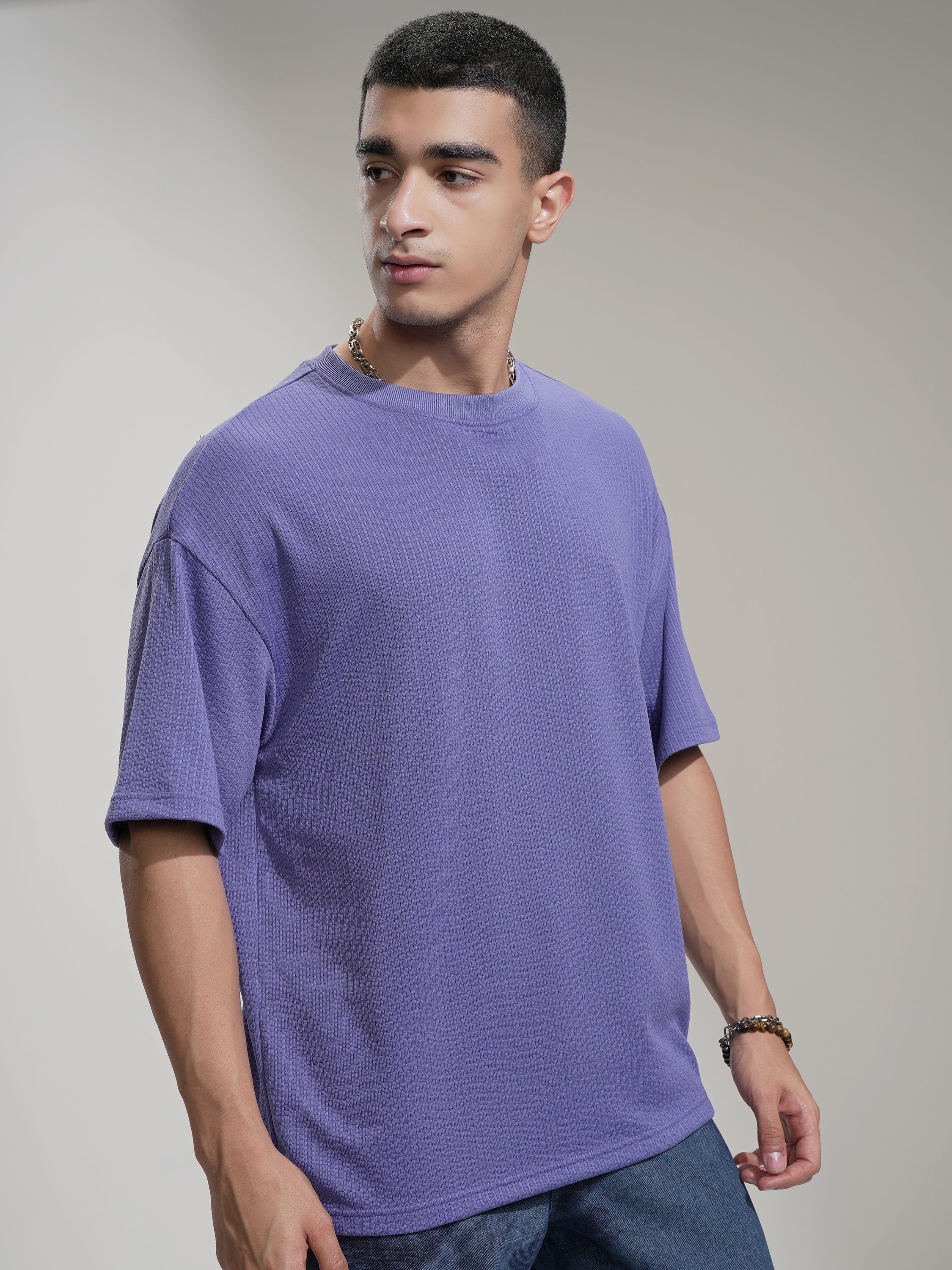 Highlander Men Purple Self Design Round Neck Oversized Fit T-Shirt - Purple - Image 6