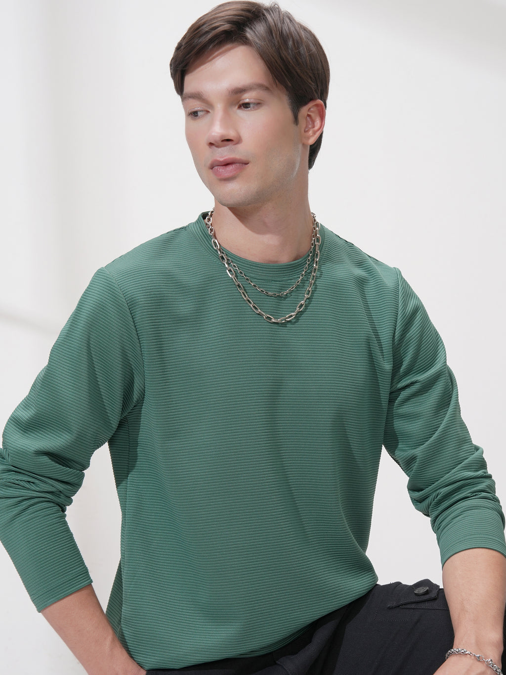 Highlander Men Teal Self Design Round Neck Relaxed Fit T-Shirt - Teal - Image 1