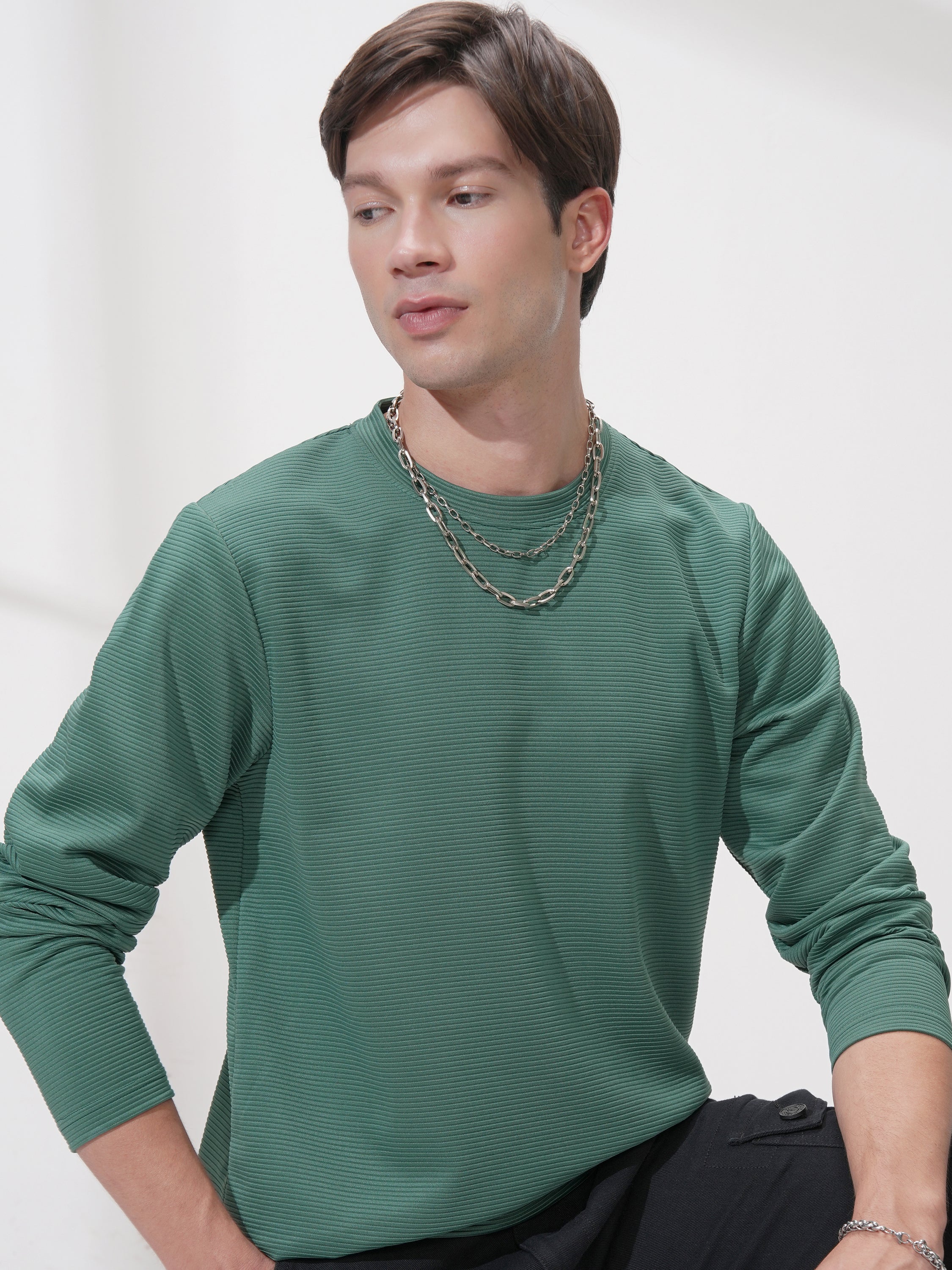 Highlander Men Teal Self Design Round Neck Relaxed Fit T-Shirt - Teal - Image 1