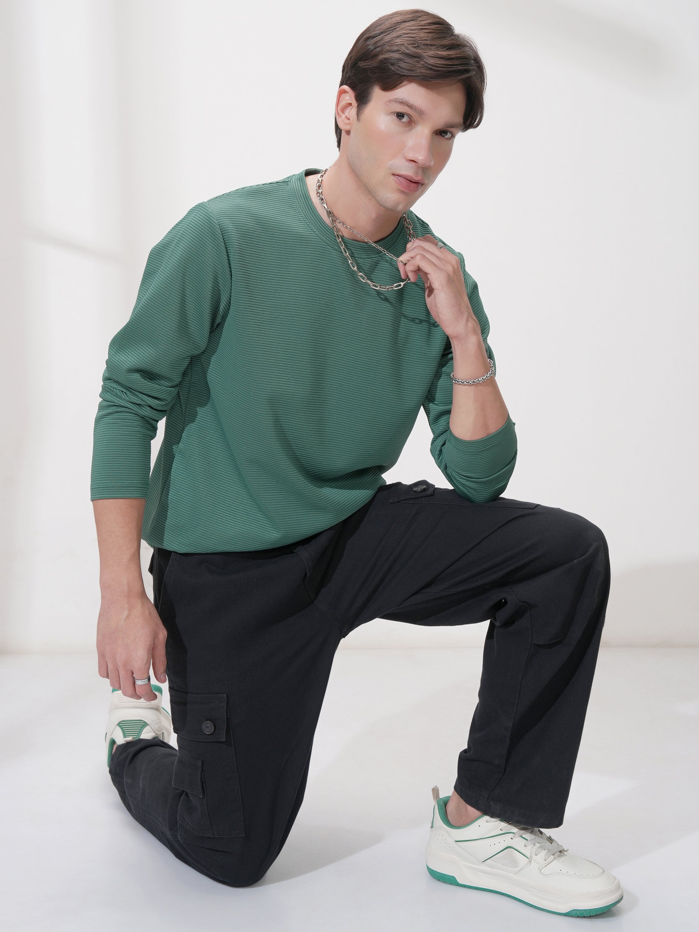 Highlander Men Teal Self Design Round Neck Relaxed Fit T-Shirt - Teal - Image 2
