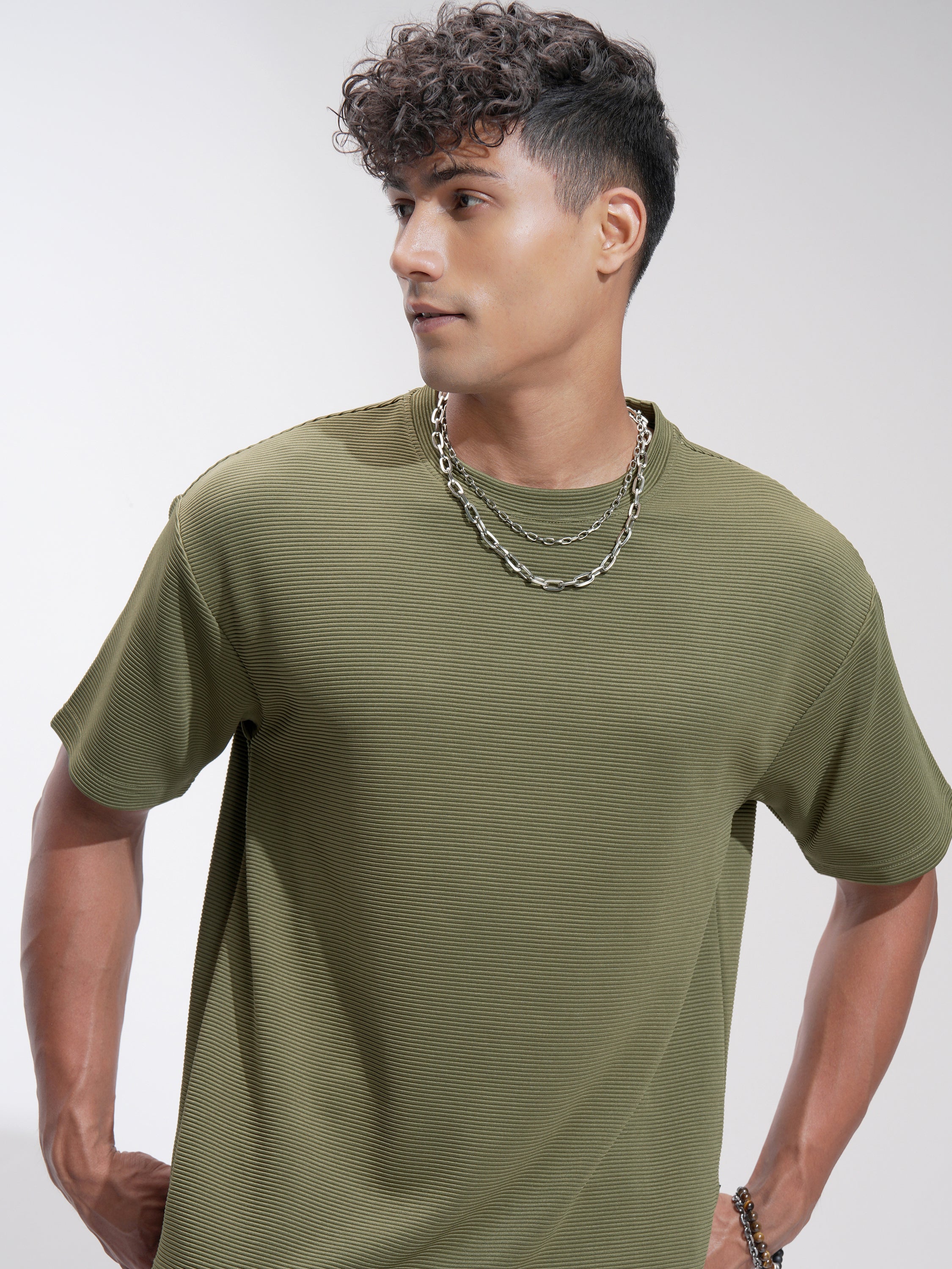 Highlander Men Olive Self Design Relaxed Fit T-Shirt - Olive - Image 1