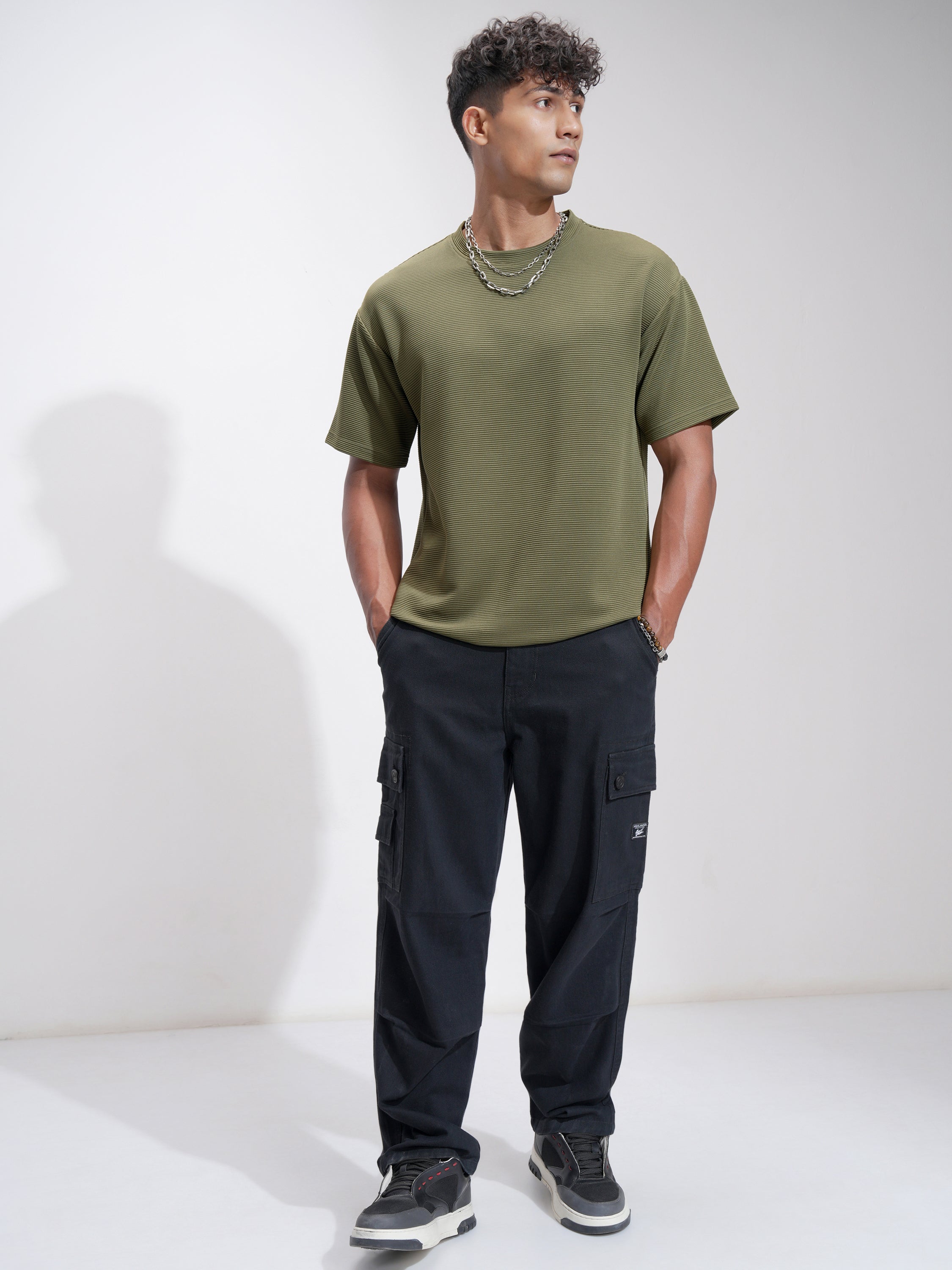 Highlander Men Olive Self Design Relaxed Fit T-Shirt - Olive - Image 2
