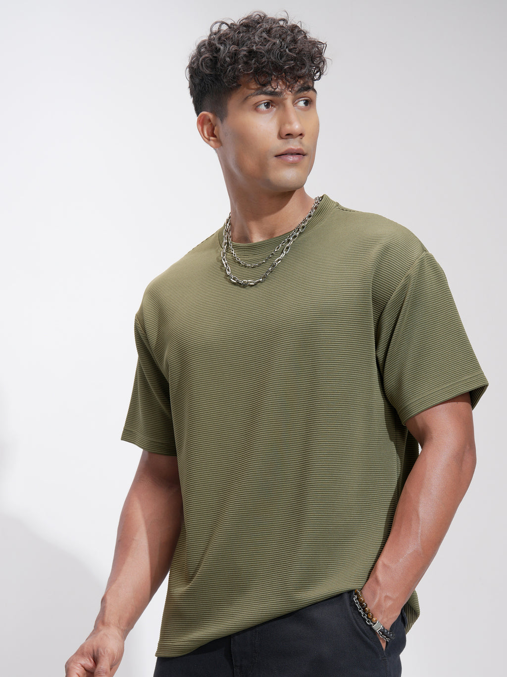 Highlander Men Olive Self Design Relaxed Fit T-Shirt - Olive - Image 4