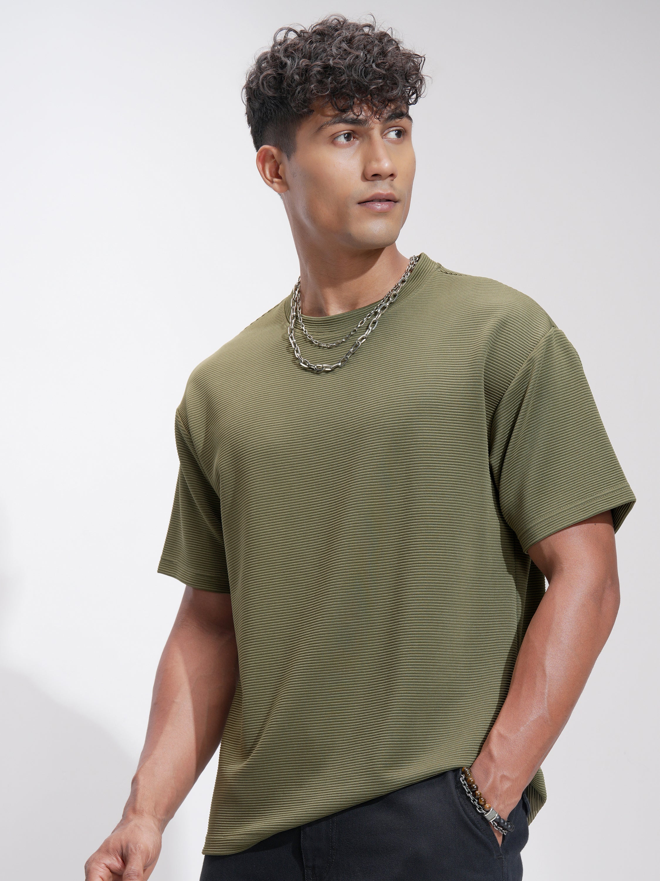 Highlander Men Olive Self Design Relaxed Fit T-Shirt - Olive - Image 4