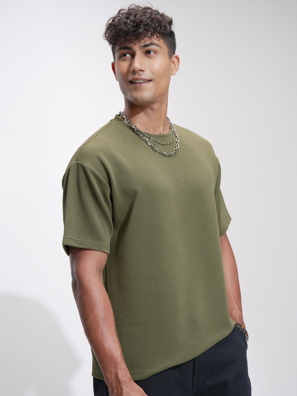 Highlander Men Olive Self Design Relaxed Fit T-Shirt - Olive - Image 6