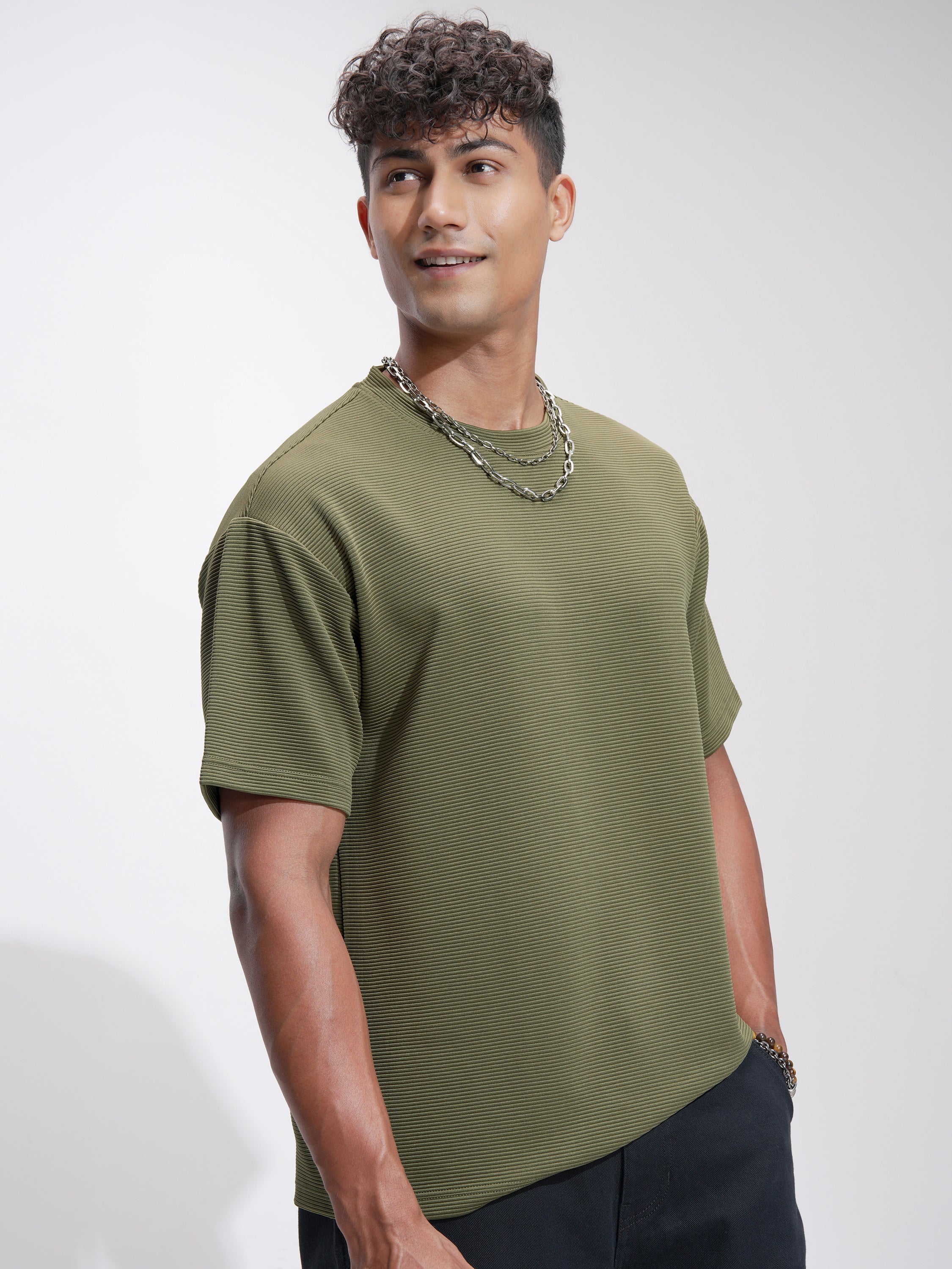 Highlander Men Olive Self Design Relaxed Fit T-Shirt - Olive - Image 6