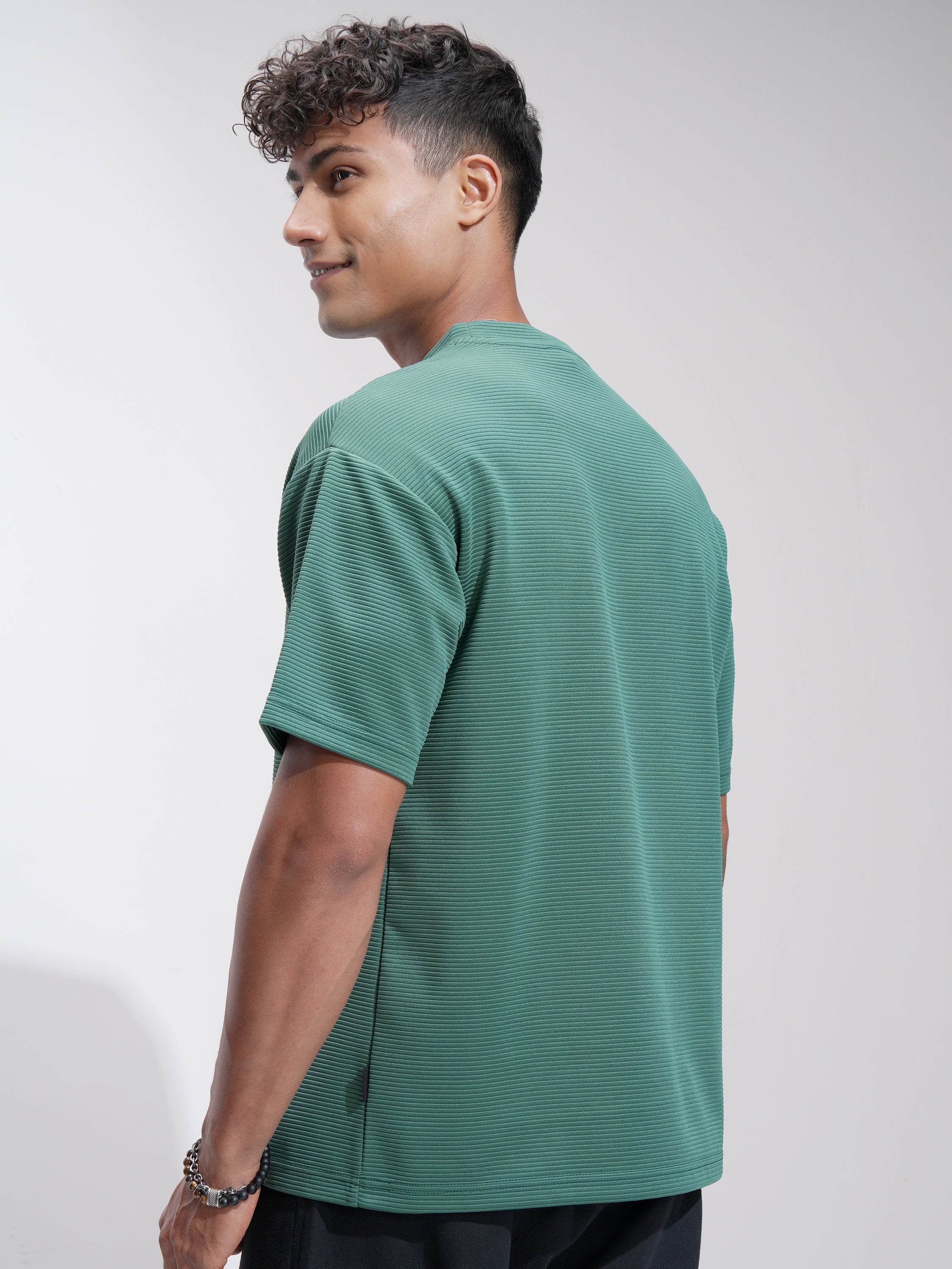 Highlander Men Teal Self Design Relaxed Fit T-Shirt - Teal - Image 3