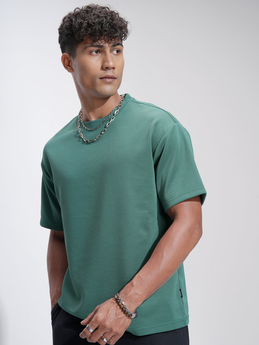 Highlander Men Teal Self Design Relaxed Fit T-Shirt - Teal - Image 4