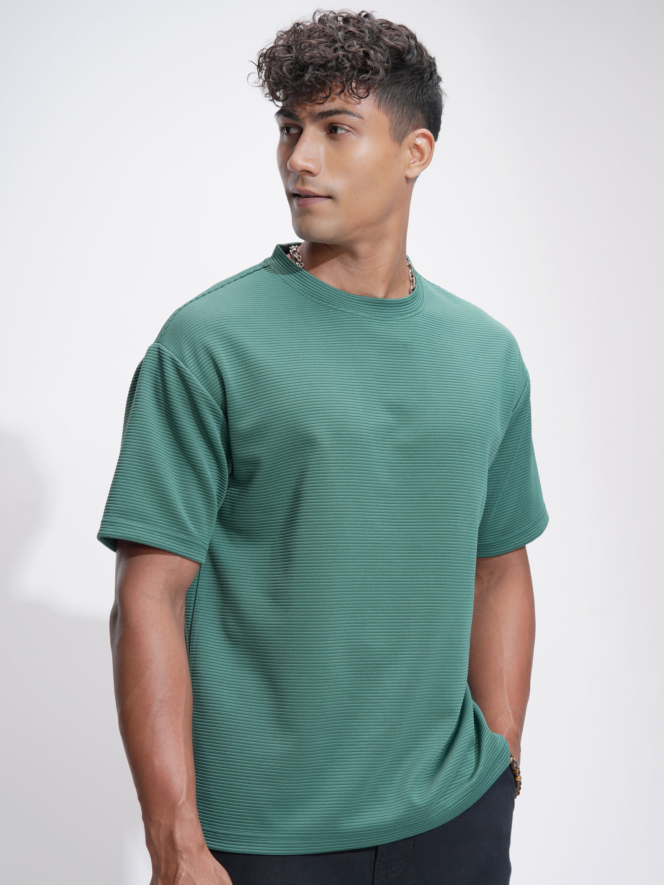 Highlander Men Teal Self Design Relaxed Fit T-Shirt - Teal - Image 6