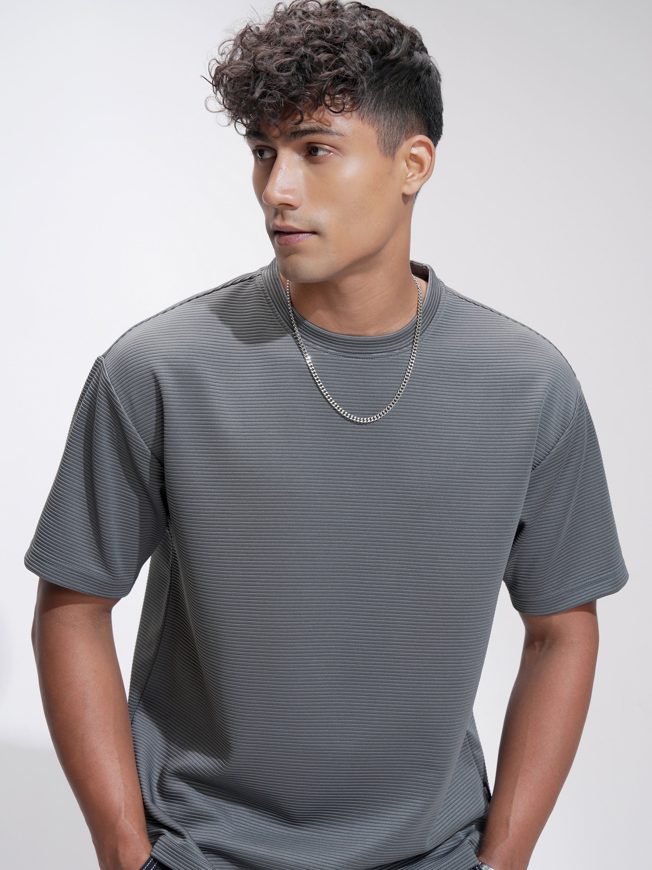 Highlander Men Grey Self Design Relaxed Fit T-Shirt - Grey - Image 1