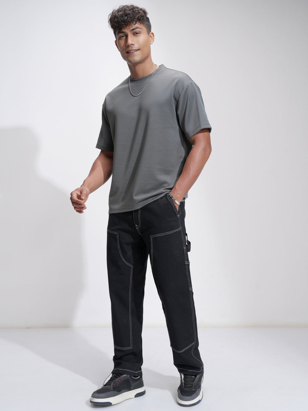 Highlander Men Grey Self Design Relaxed Fit T-Shirt - Grey - Image 2