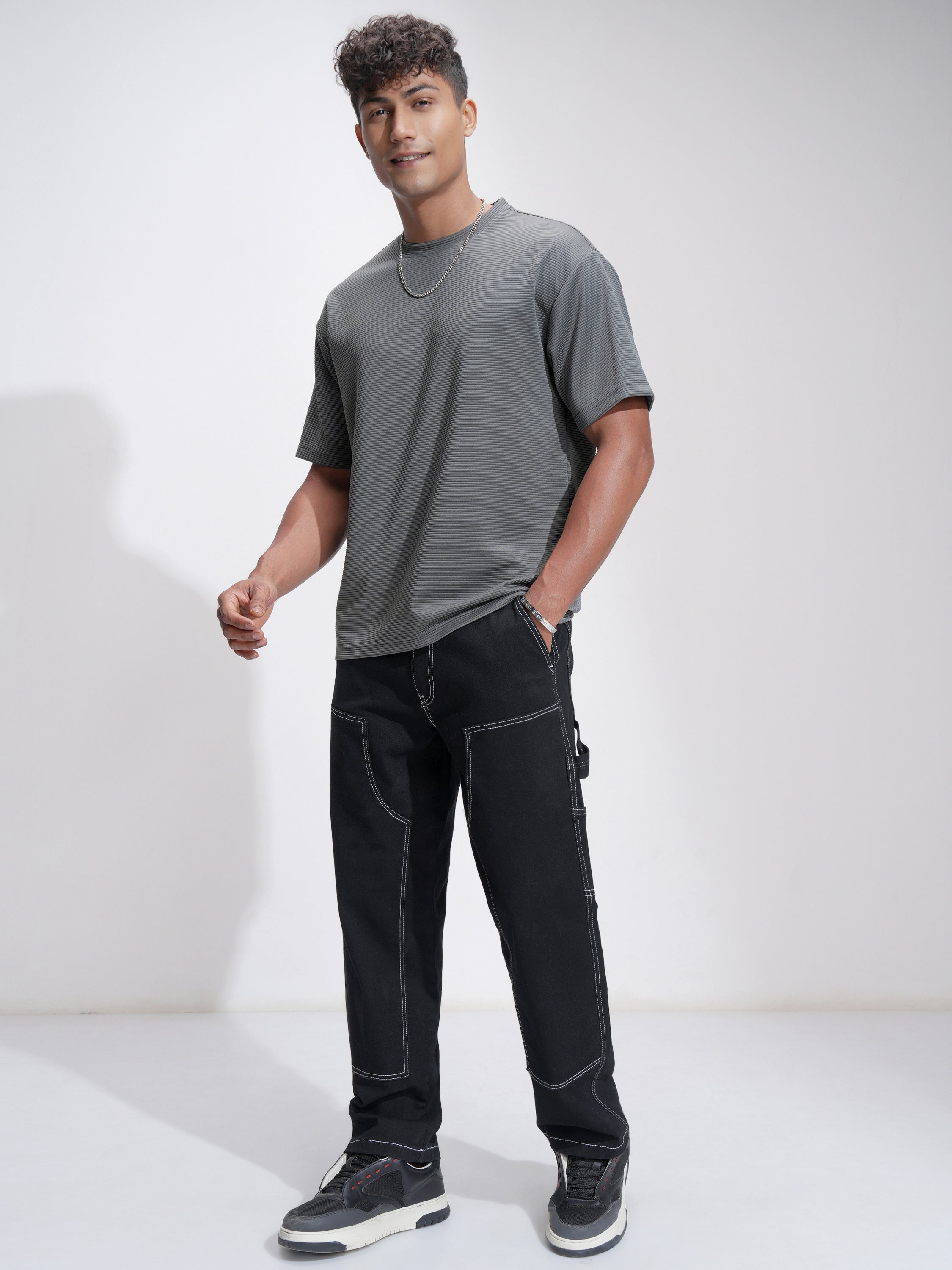 Highlander Men Grey Self Design Relaxed Fit T-Shirt - Grey - Image 2