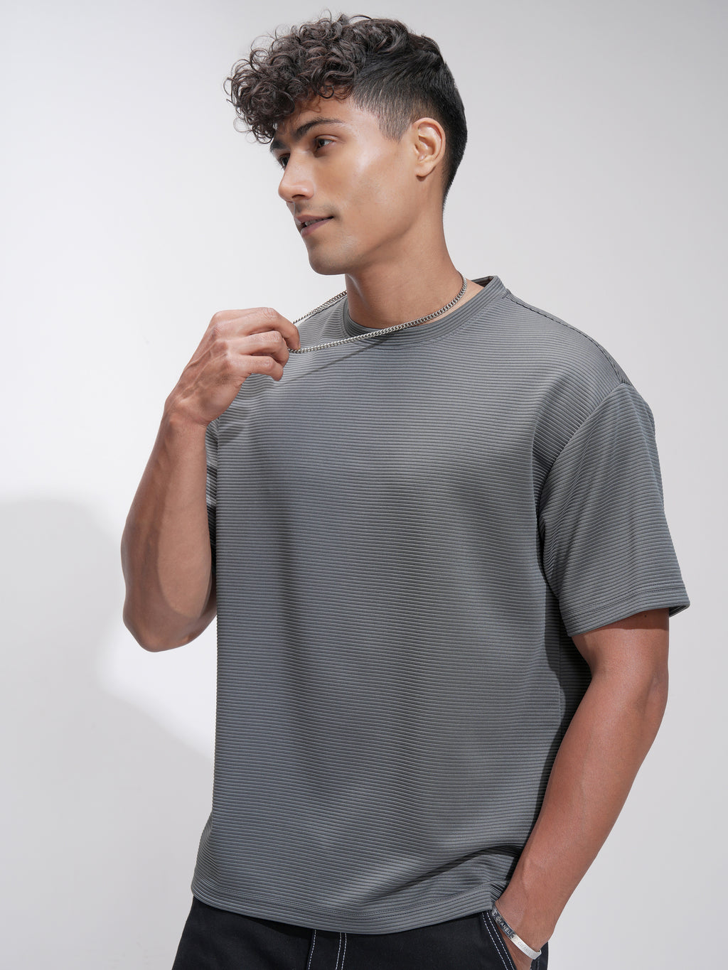 Highlander Men Grey Self Design Relaxed Fit T-Shirt - Grey - Image 4