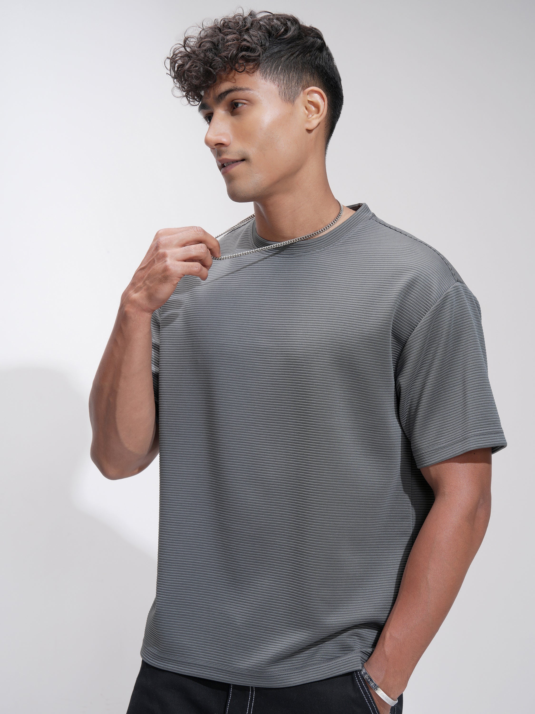 Highlander Men Grey Self Design Relaxed Fit T-Shirt - Grey - Image 4