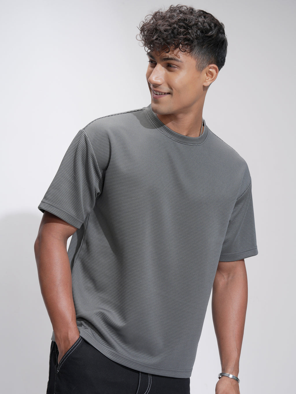 Highlander Men Grey Self Design Relaxed Fit T-Shirt - Grey - Image 6