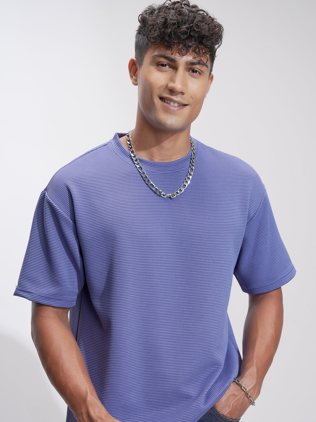 Highlander Men Purple Self Design Relaxed Fit T-Shirt - Purple - Image 1