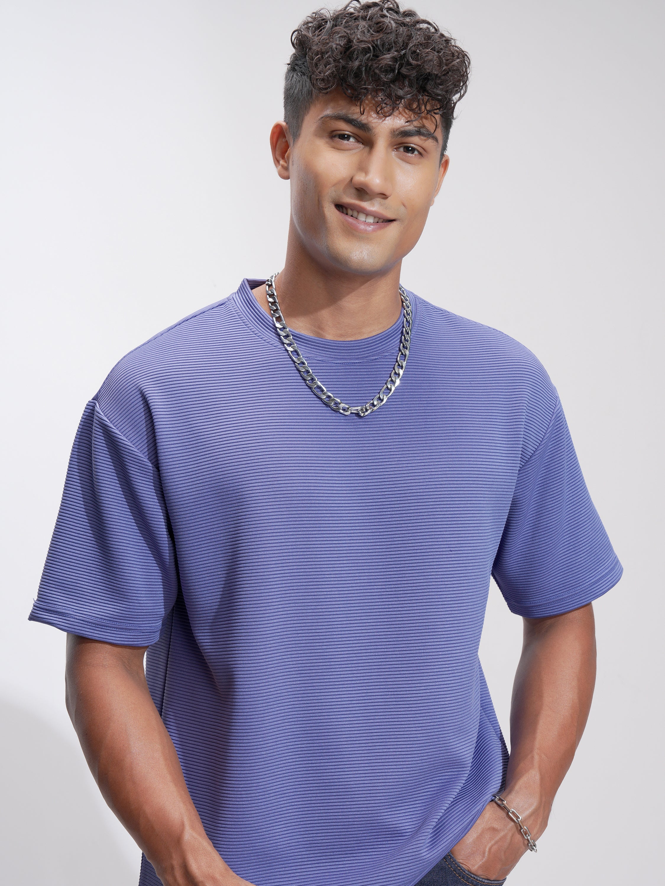 Highlander Men Purple Self Design Relaxed Fit T-Shirt - Purple - Image 1