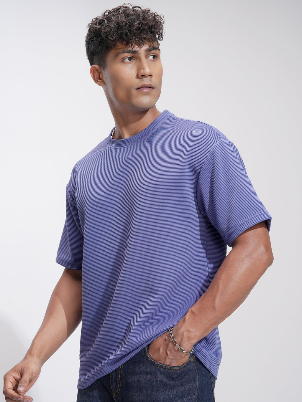 Highlander Men Purple Self Design Relaxed Fit T-Shirt - Purple - Image 4