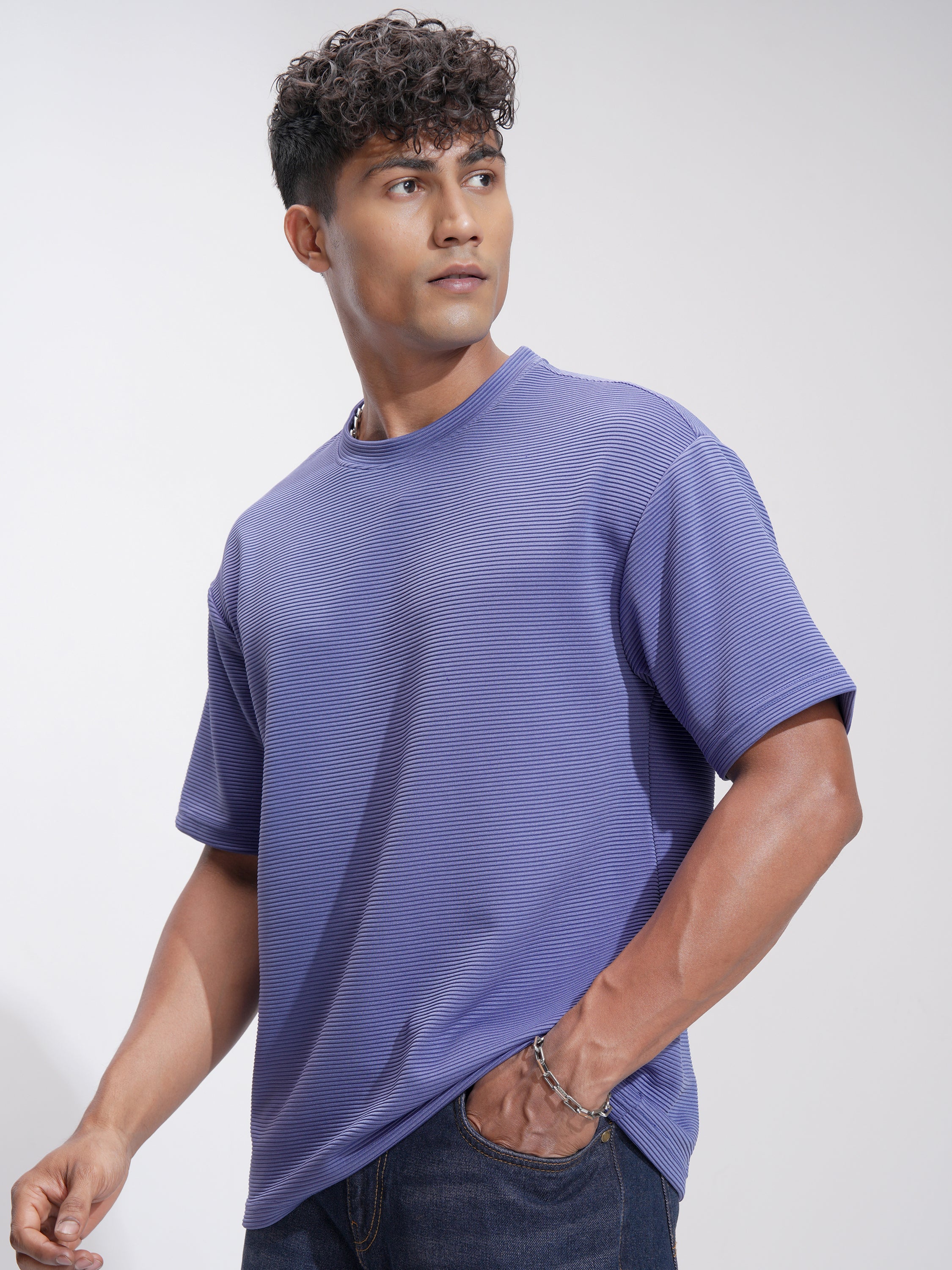 Highlander Men Purple Self Design Relaxed Fit T-Shirt - Purple - Image 4