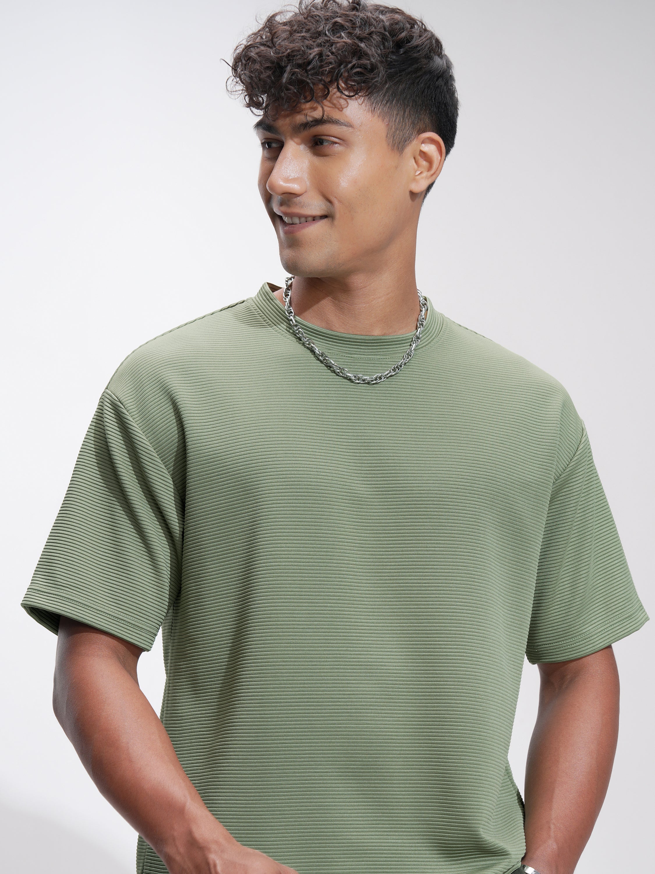 Highlander Men Olive Self Design Relaxed Fit T-Shirt - Olive - Image 1