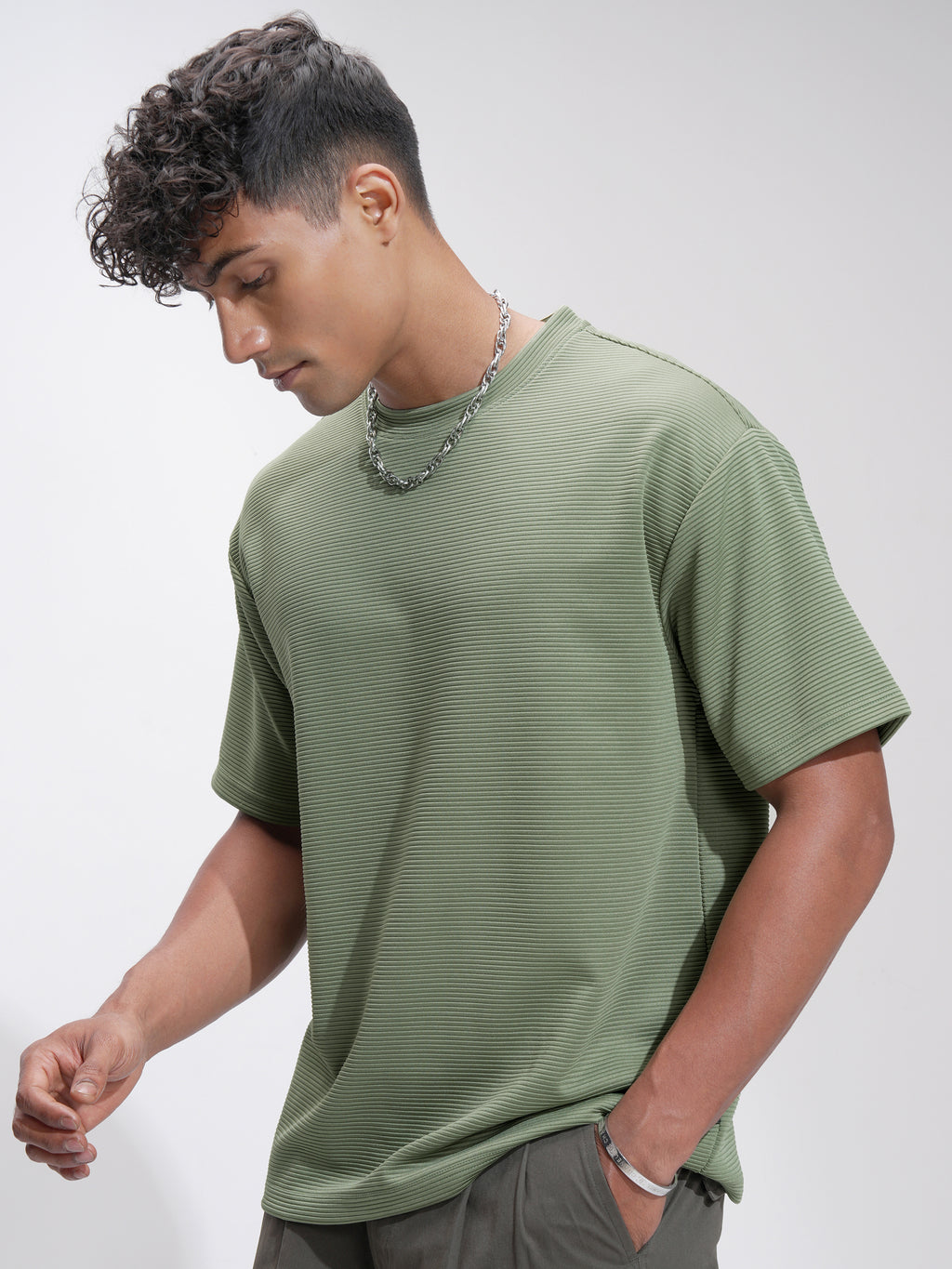Highlander Men Olive Self Design Relaxed Fit T-Shirt - Olive - Image 4
