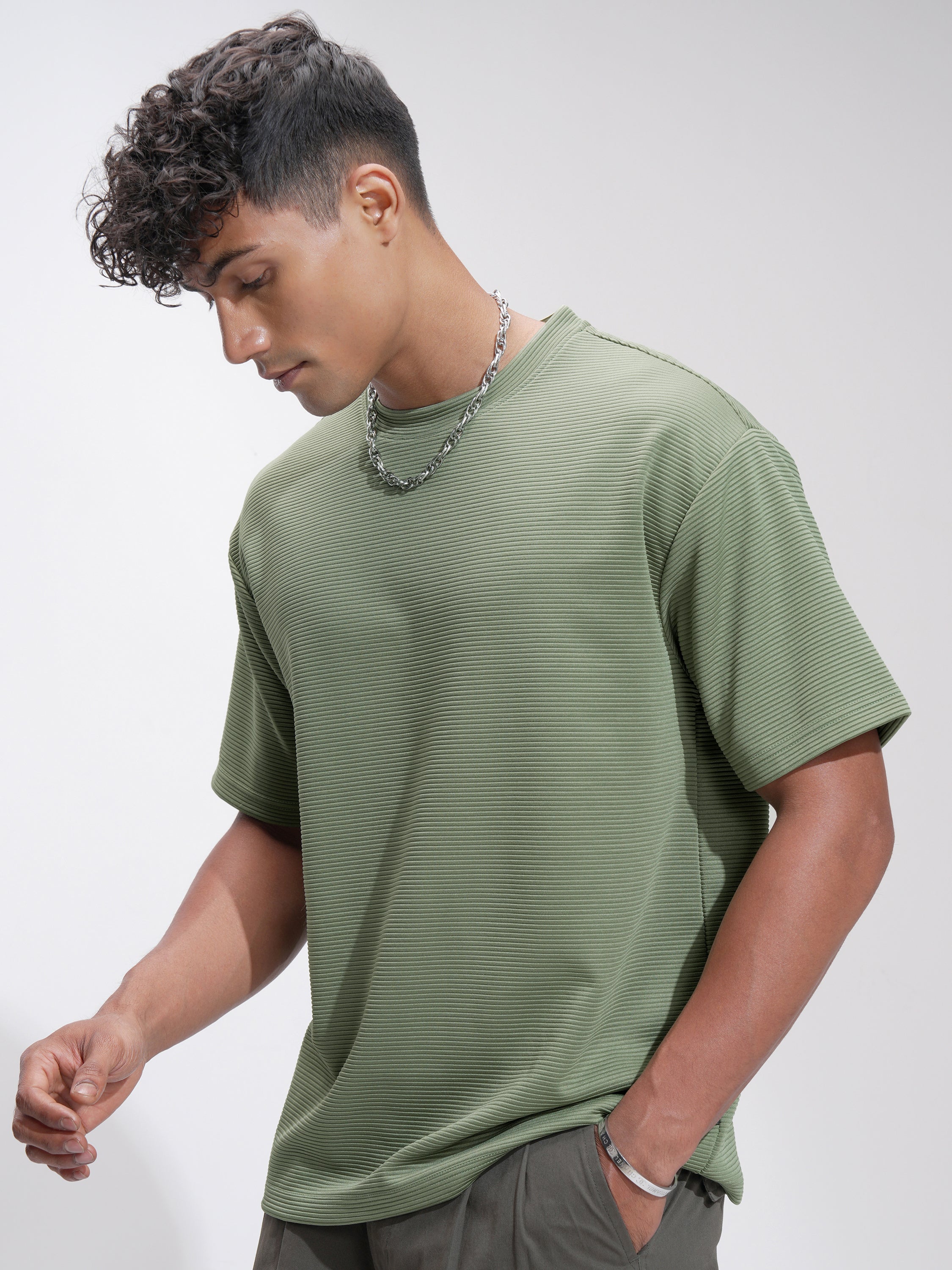Highlander Men Olive Self Design Relaxed Fit T-Shirt - Olive - Image 4