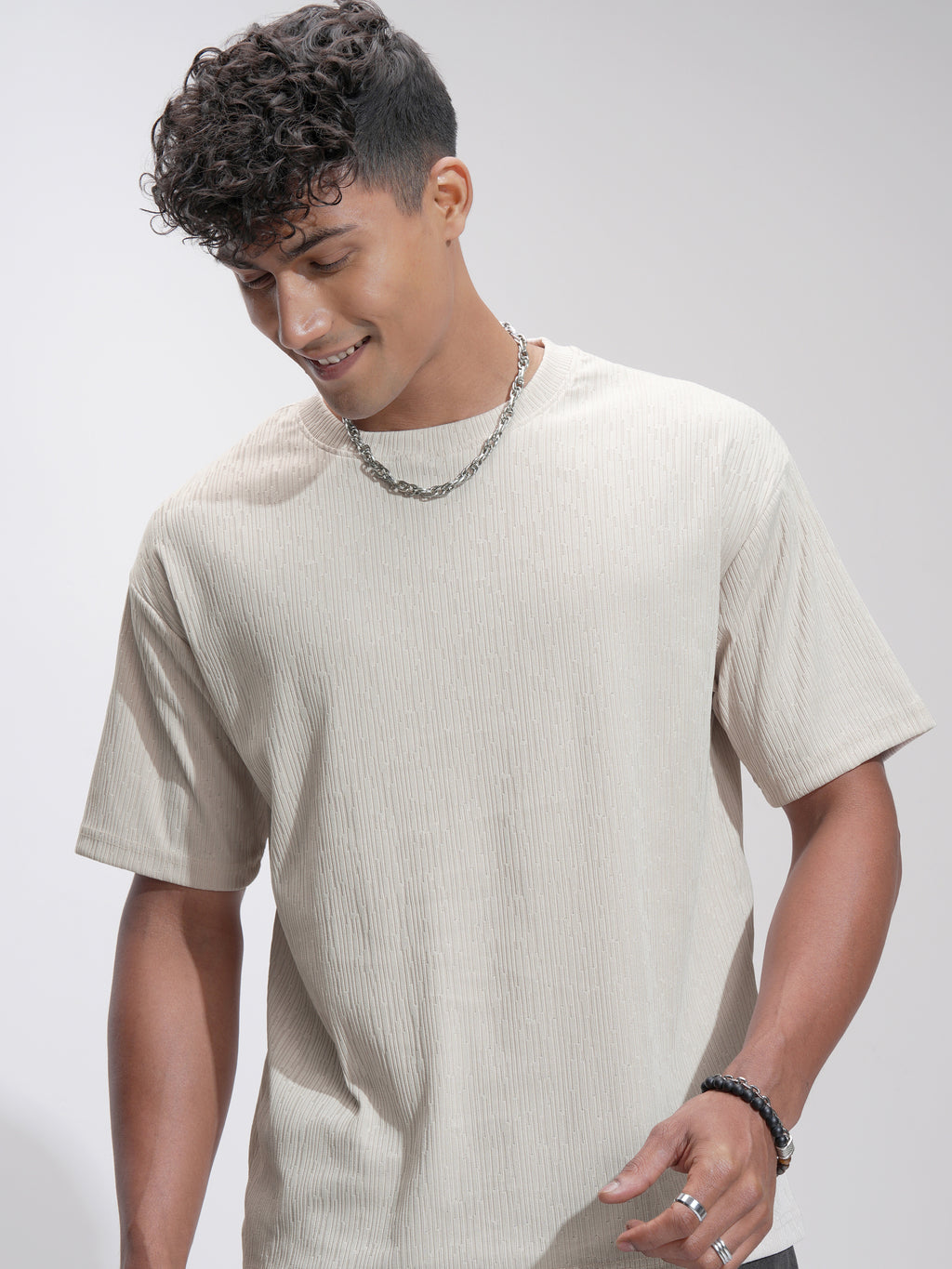 Highlander Men Cream Self Design Relaxed Fit T-Shirt - Cream - Image 1