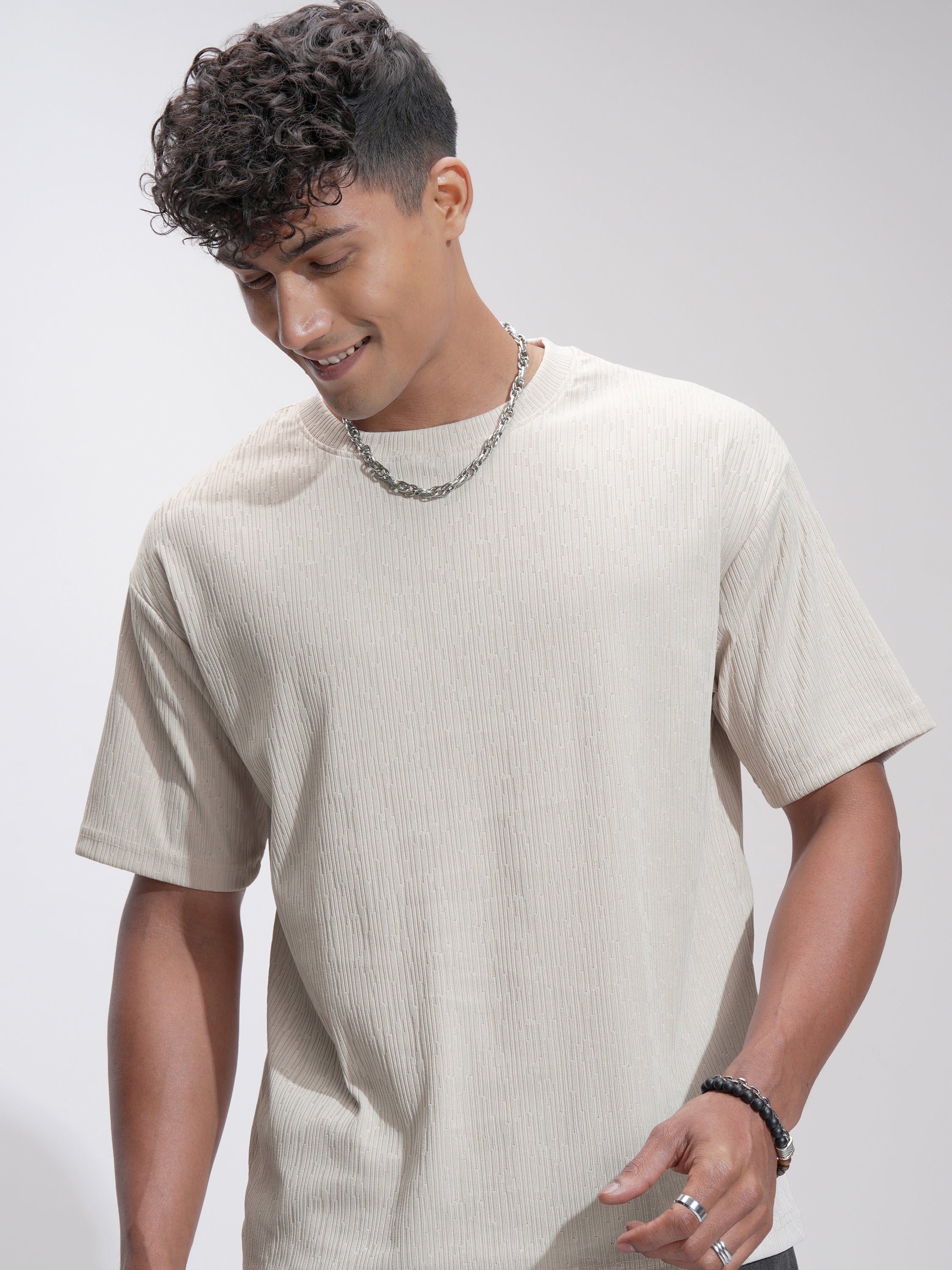 Highlander Men Cream Self Design Relaxed Fit T-Shirt - Cream - Image 1