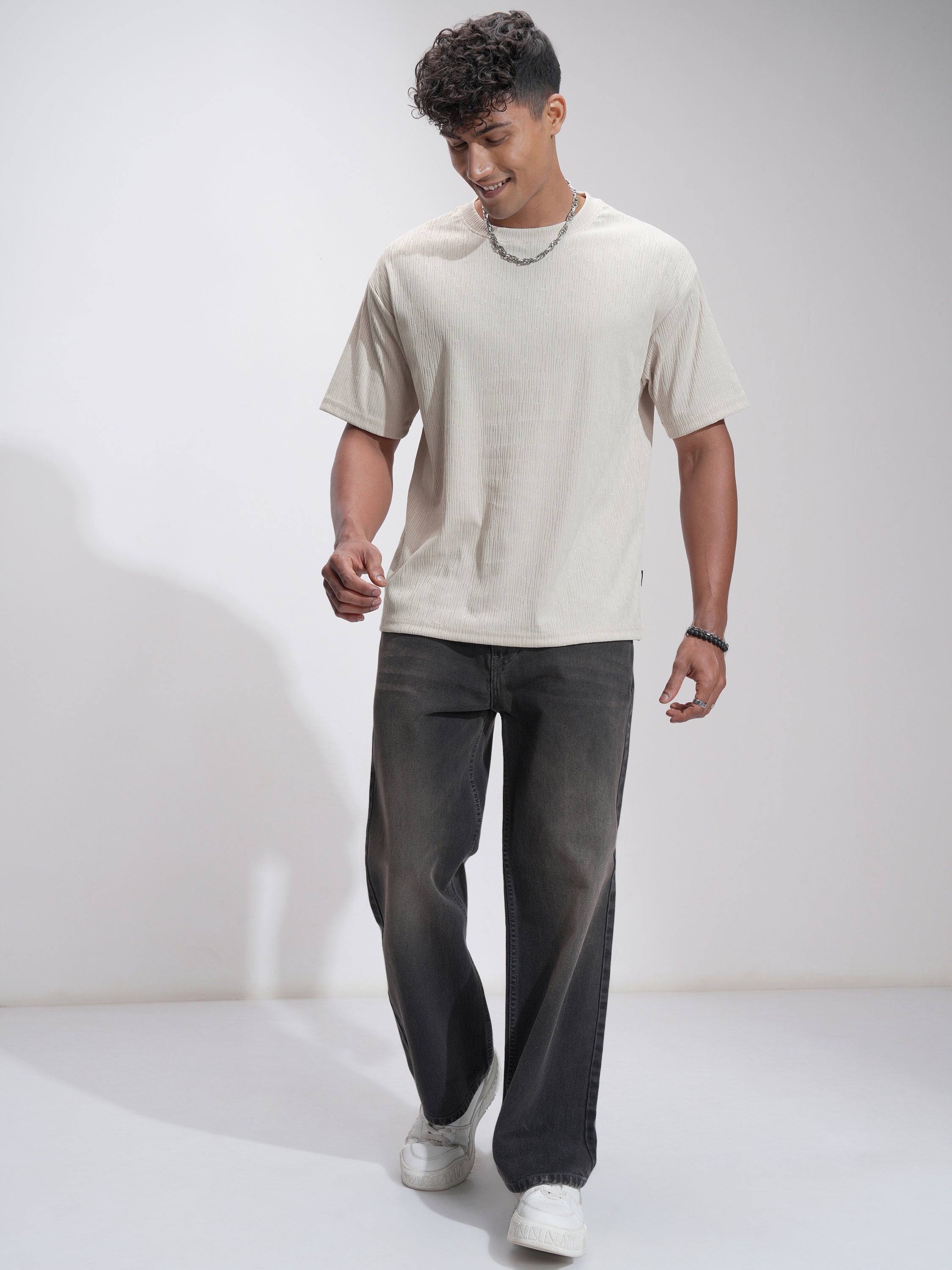 Highlander Men Cream Self Design Relaxed Fit T-Shirt - Cream - Image 2