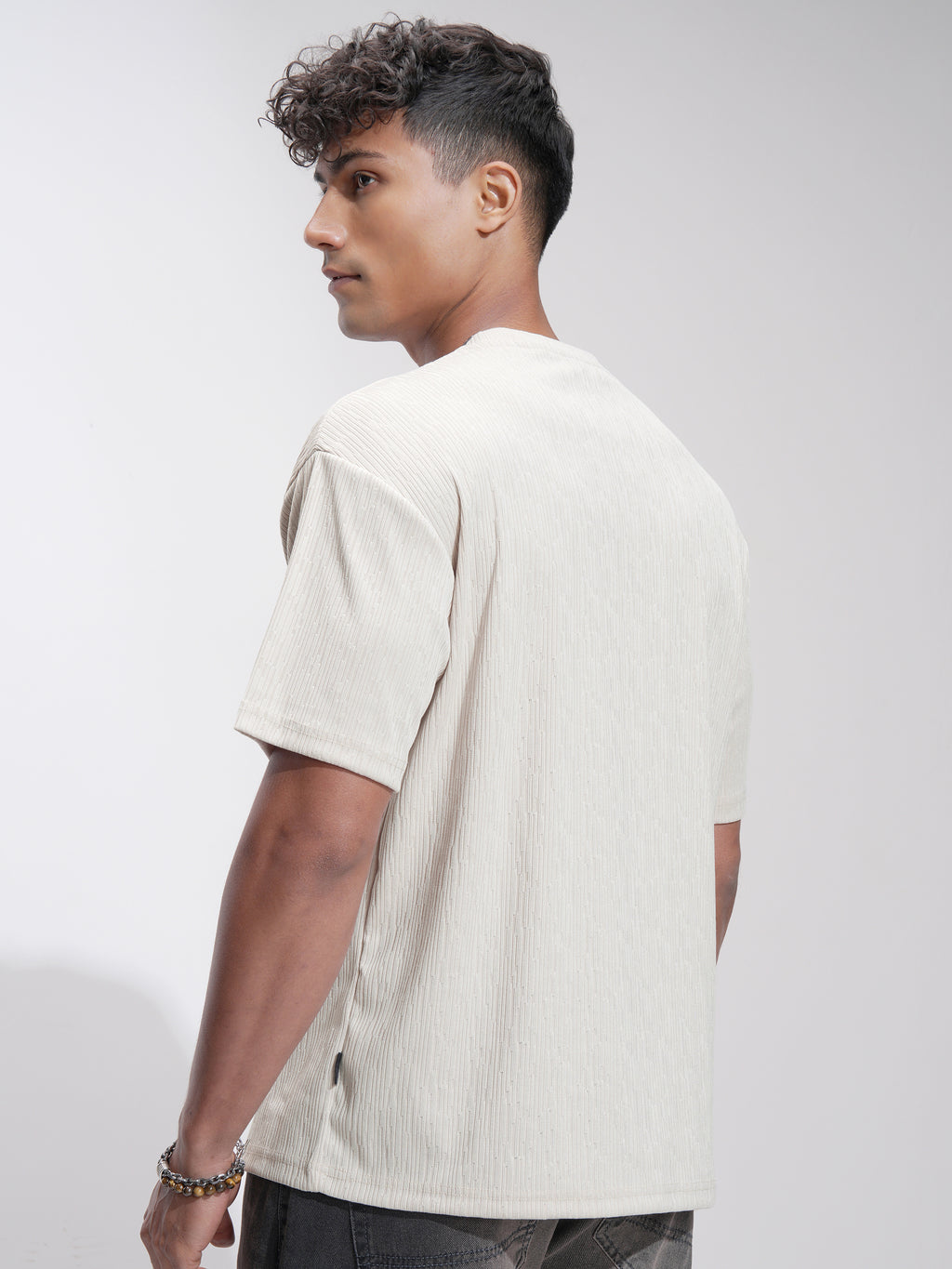 Highlander Men Cream Self Design Relaxed Fit T-Shirt - Cream - Image 3