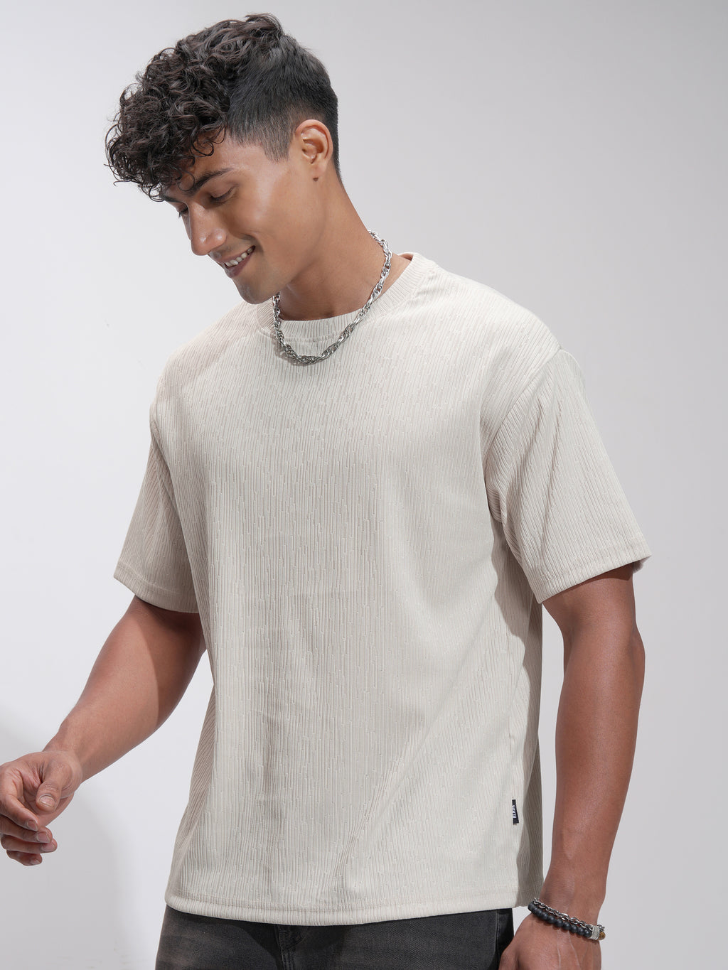 Highlander Men Cream Self Design Relaxed Fit T-Shirt - Cream - Image 4