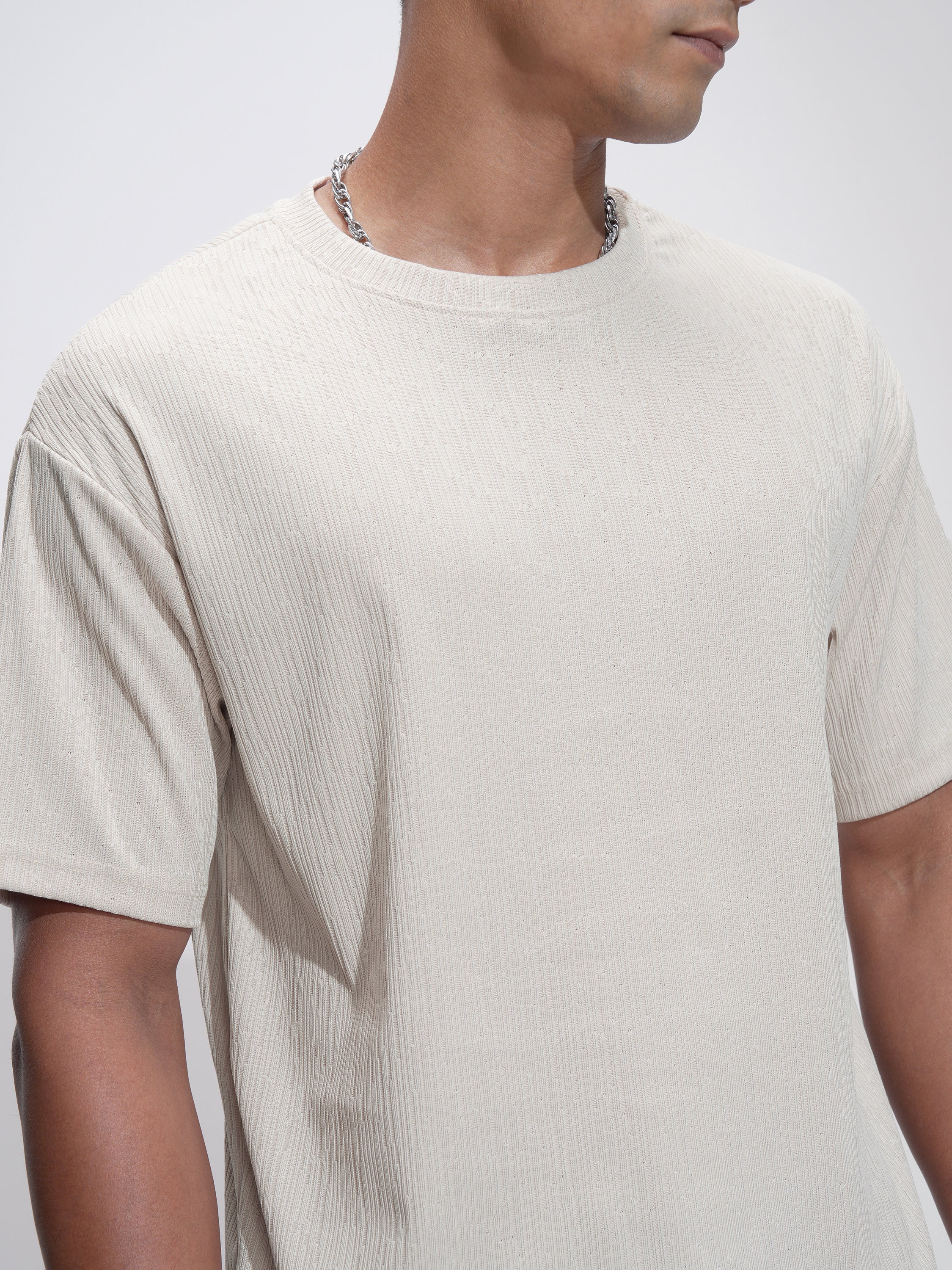 Highlander Men Cream Self Design Relaxed Fit T-Shirt - Cream - Image 5