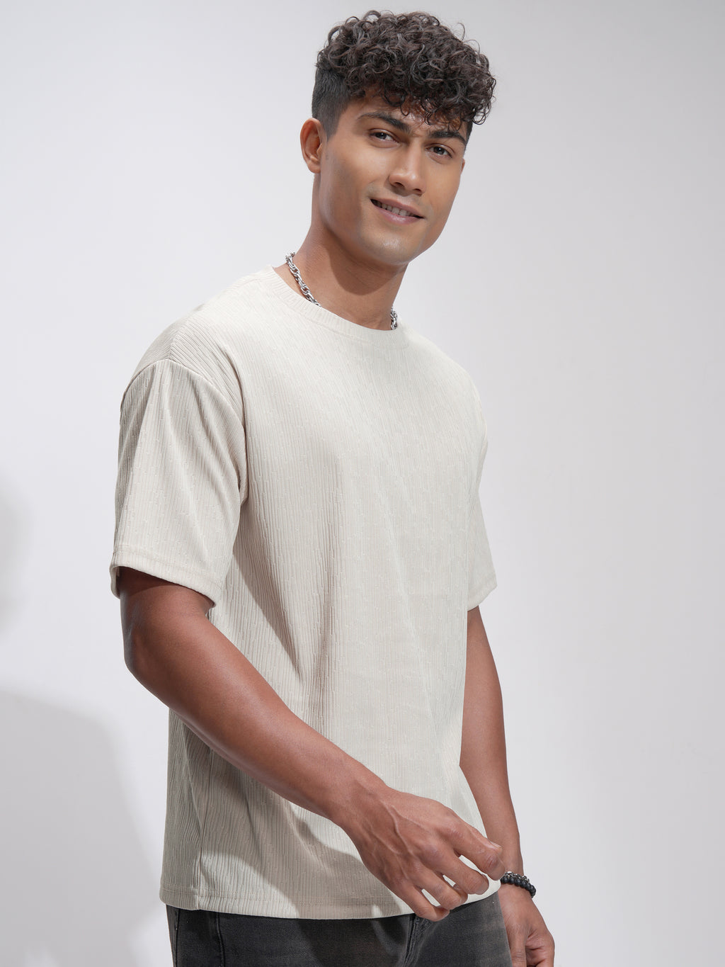 Highlander Men Cream Self Design Relaxed Fit T-Shirt - Cream - Image 6