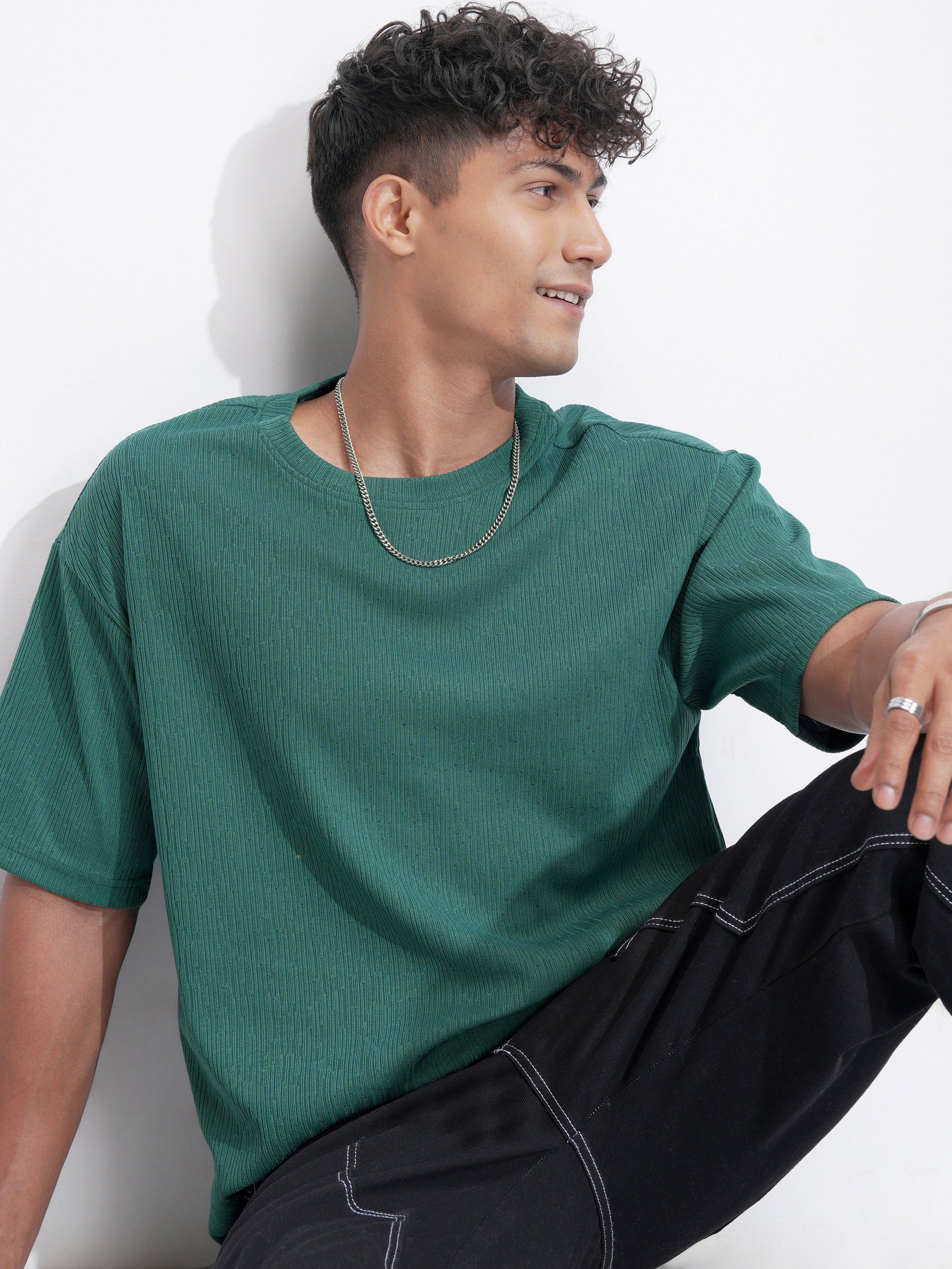 Highlander Men Teal Self Design Relaxed Fit T-Shirt - Teal - Image 1