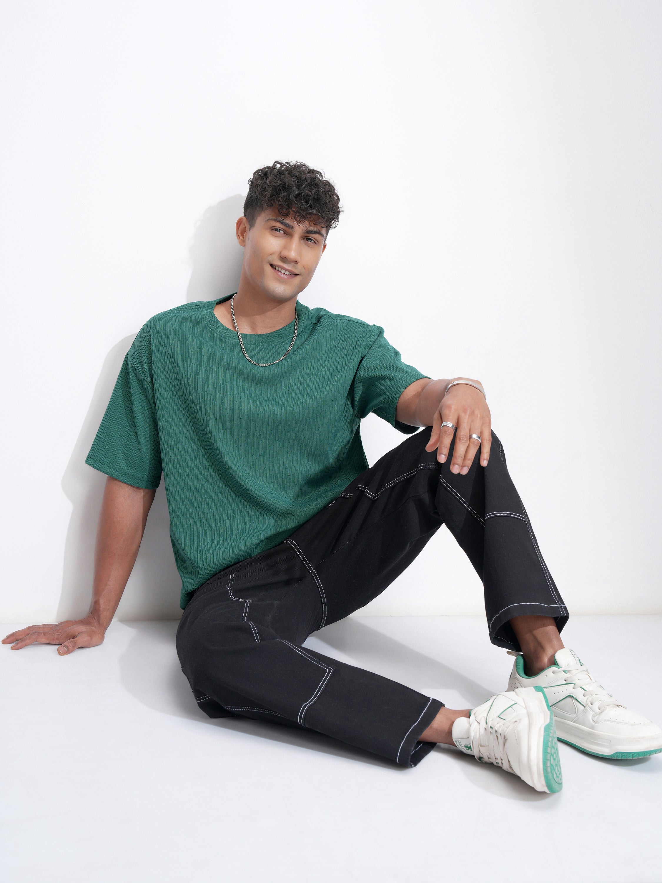 Highlander Men Teal Self Design Relaxed Fit T-Shirt - Teal - Image 2