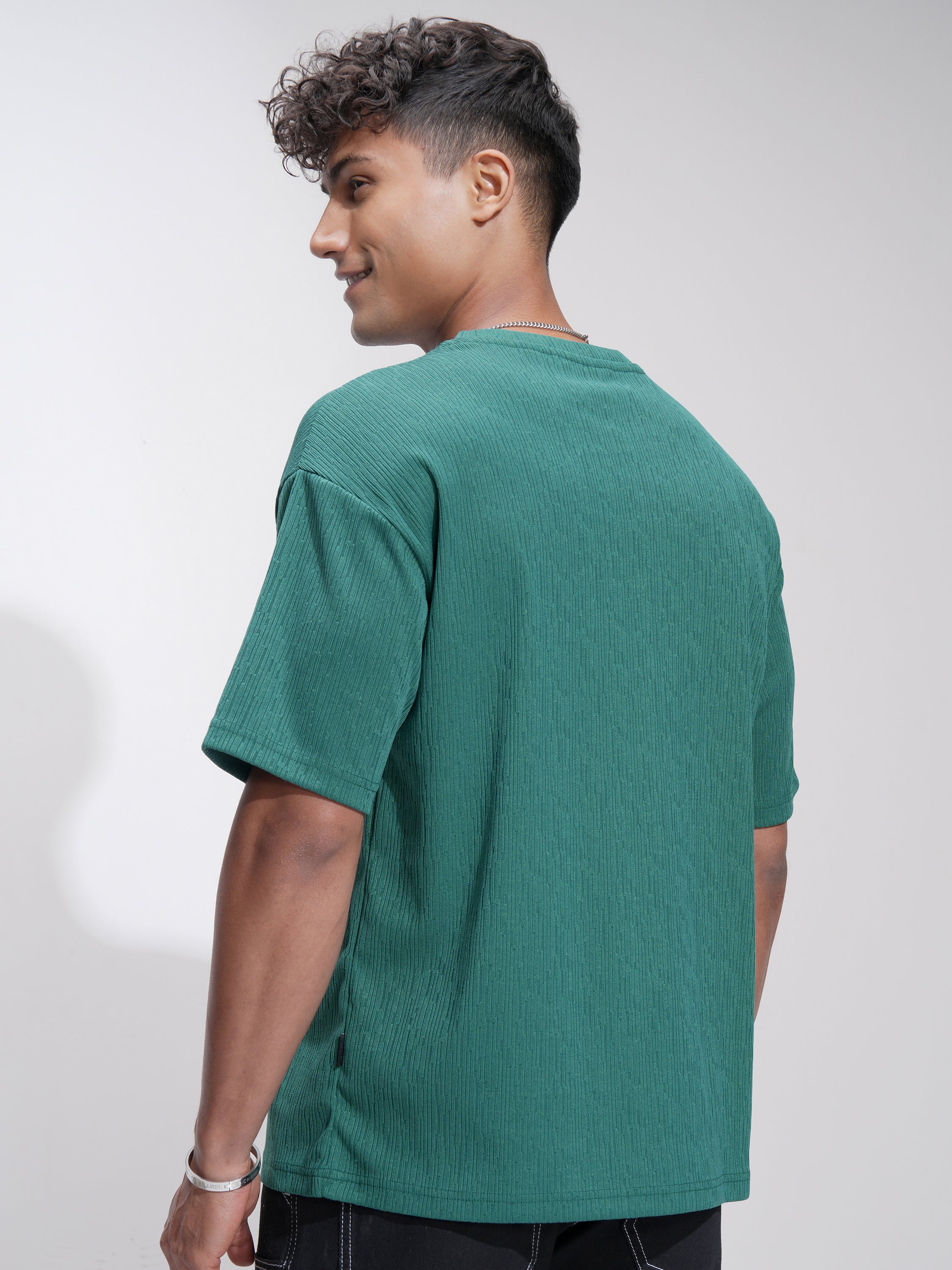 Highlander Men Teal Self Design Relaxed Fit T-Shirt - Teal - Image 3