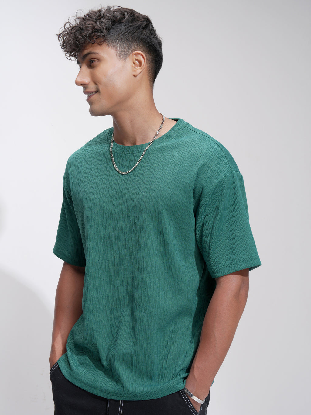 Highlander Men Teal Self Design Relaxed Fit T-Shirt - Teal - Image 4