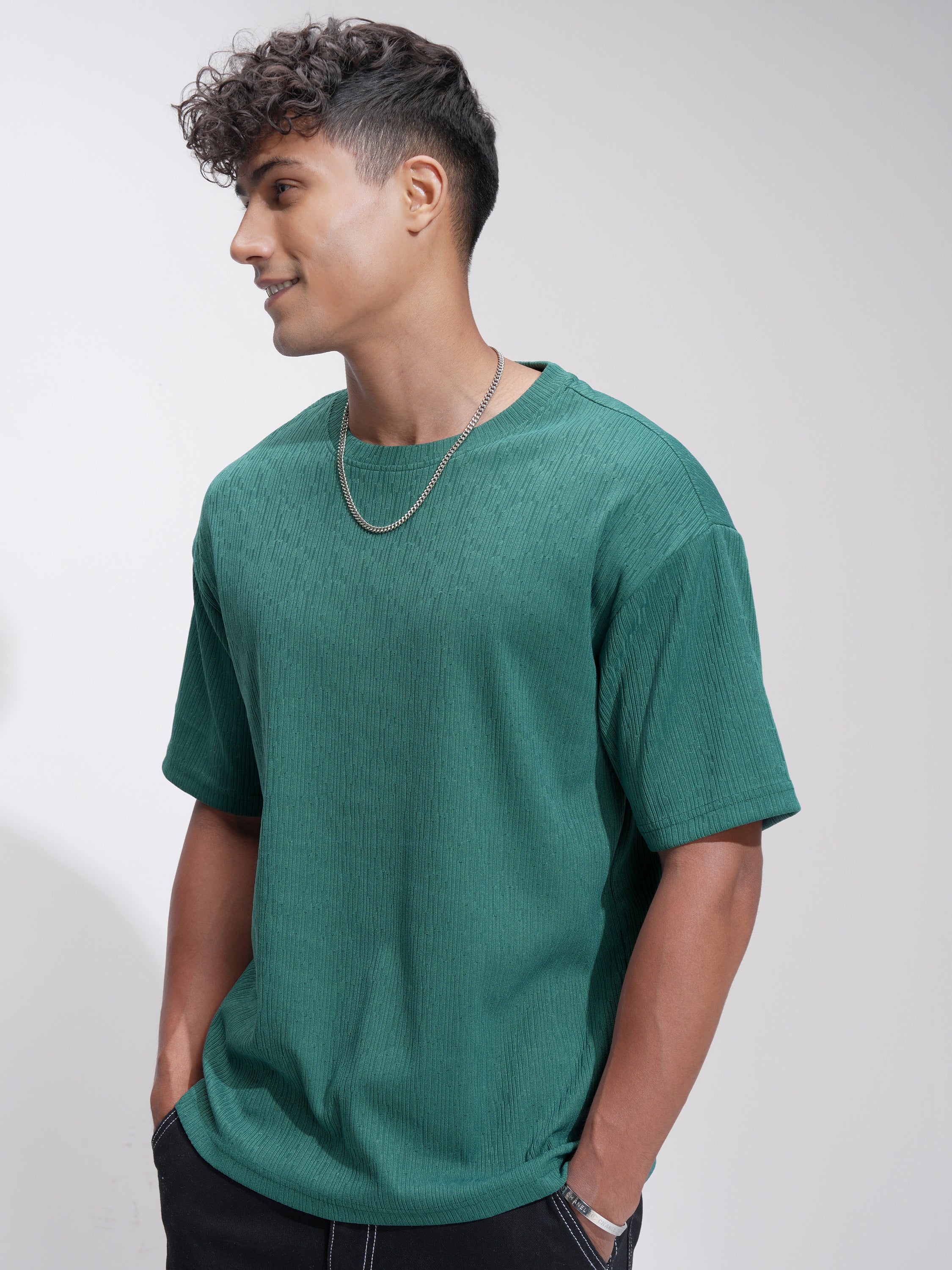 Highlander Men Teal Self Design Relaxed Fit T-Shirt - Teal - Image 4