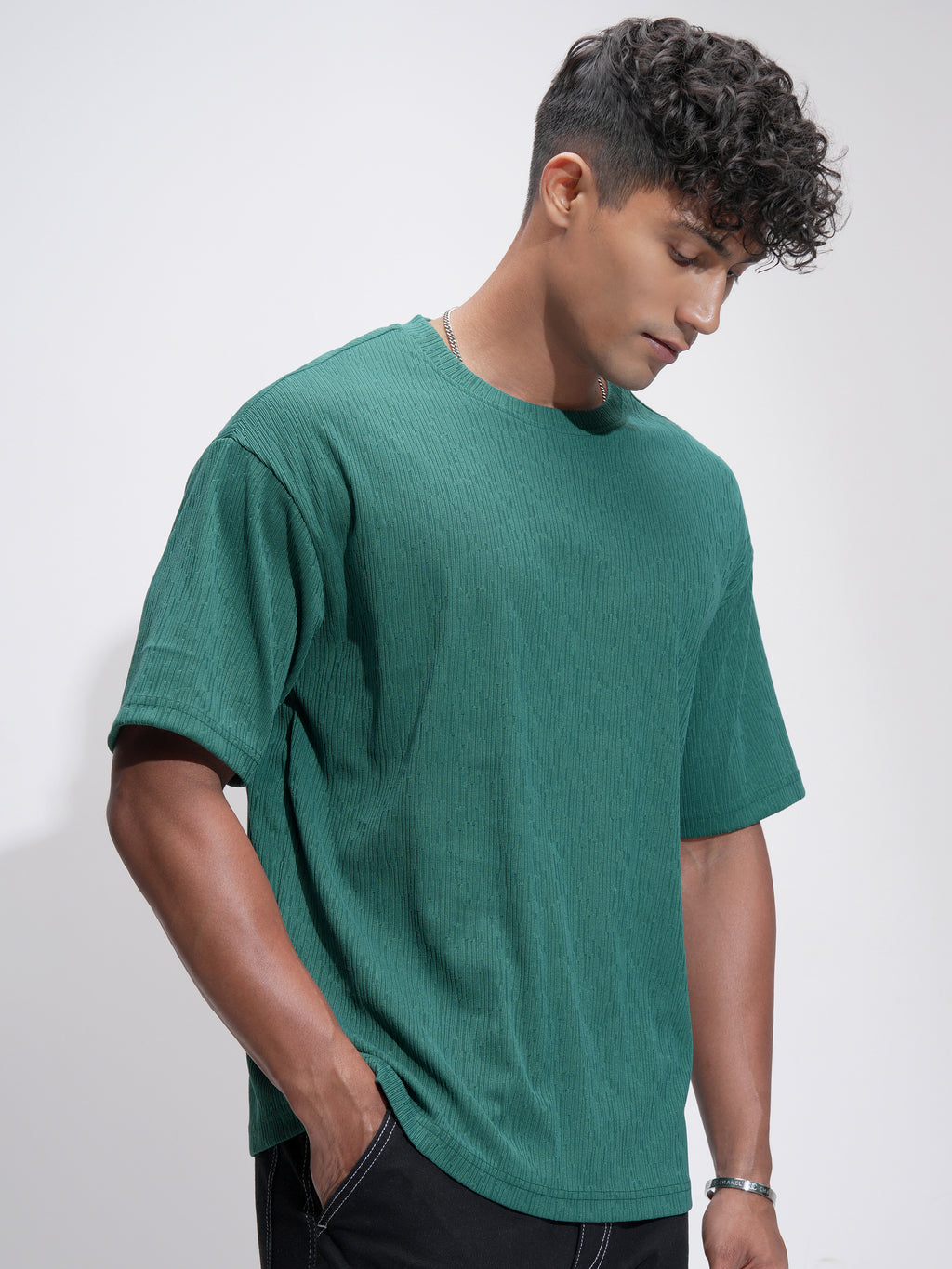 Highlander Men Teal Self Design Relaxed Fit T-Shirt - Teal - Image 6