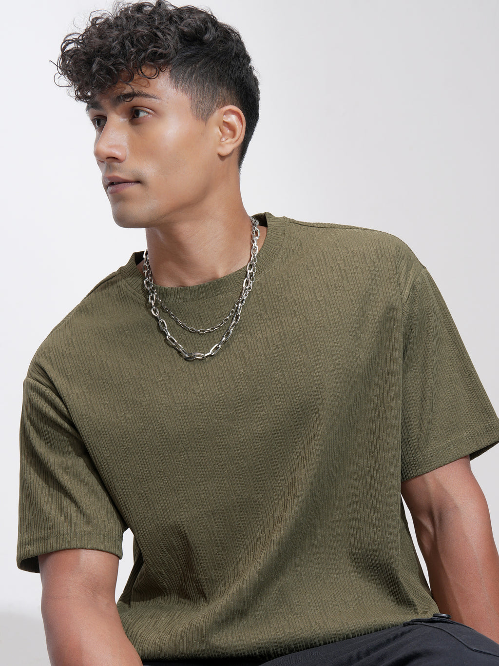 Highlander Men Olive Self Design Relaxed Fit T-Shirt - Olive - Image 1