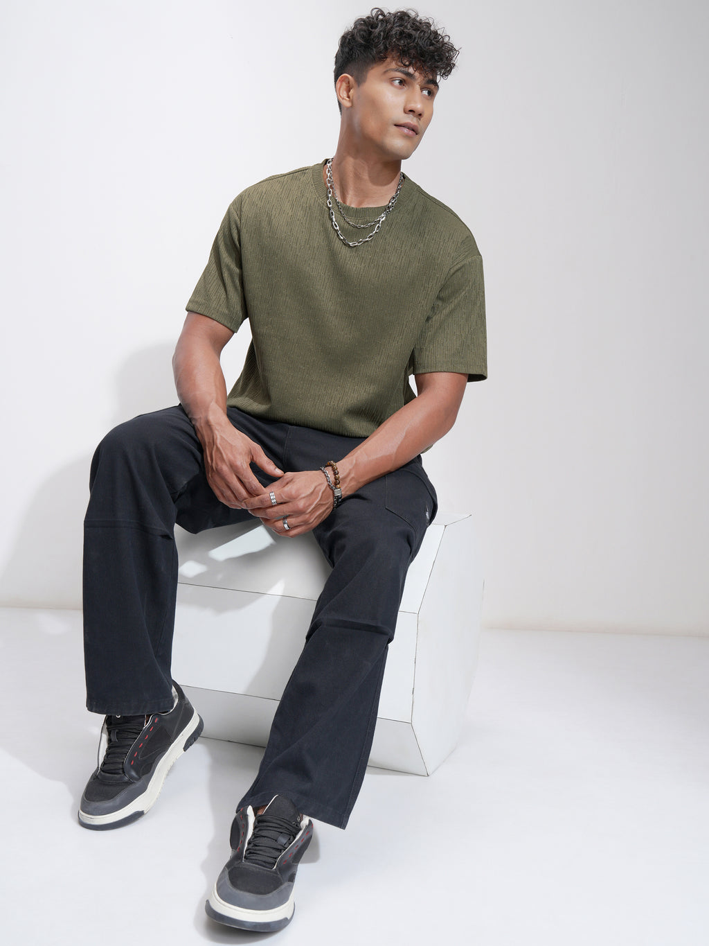 Highlander Men Olive Self Design Relaxed Fit T-Shirt - Olive - Image 2
