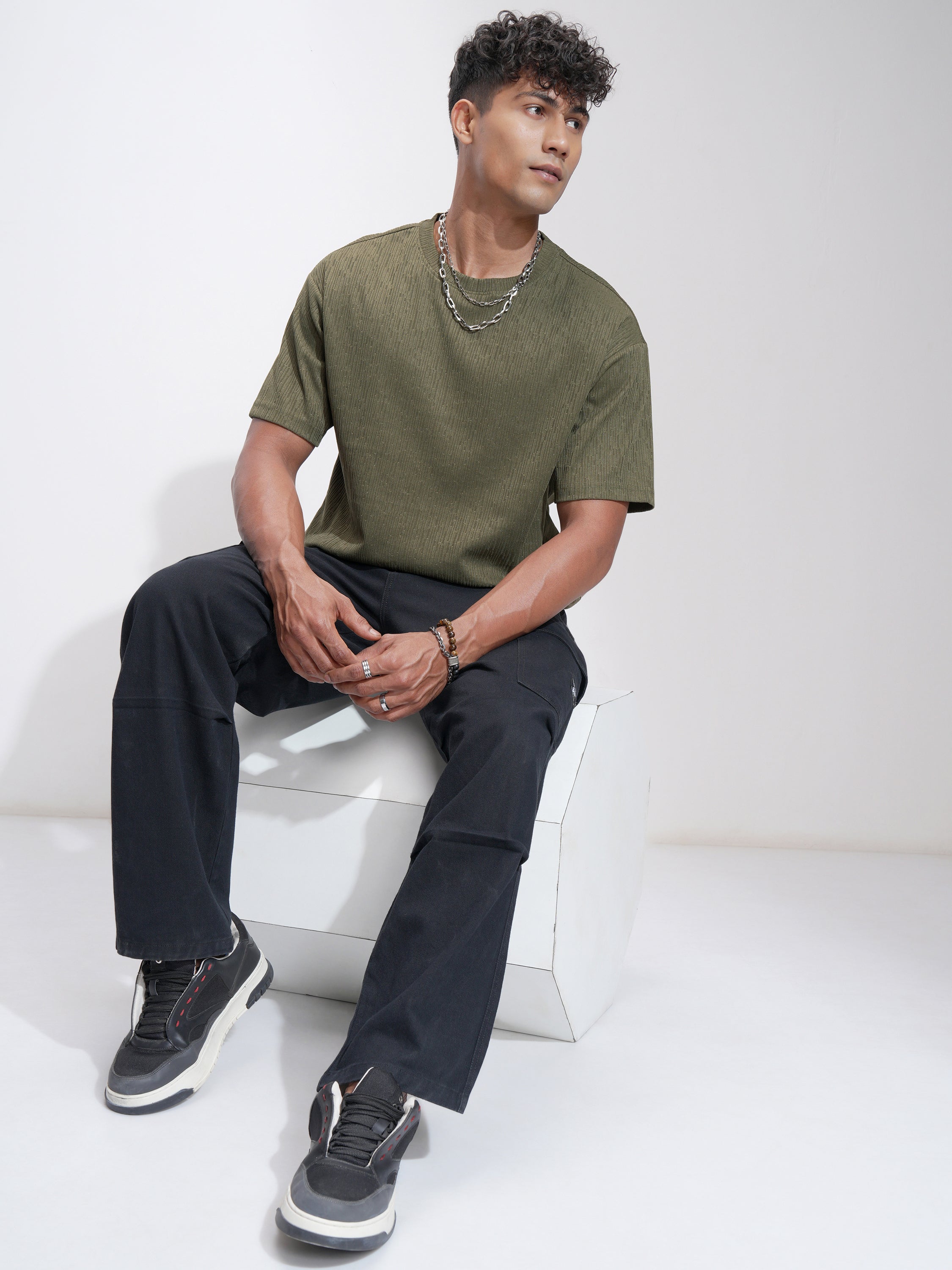 Highlander Men Olive Self Design Relaxed Fit T-Shirt - Olive - Image 2