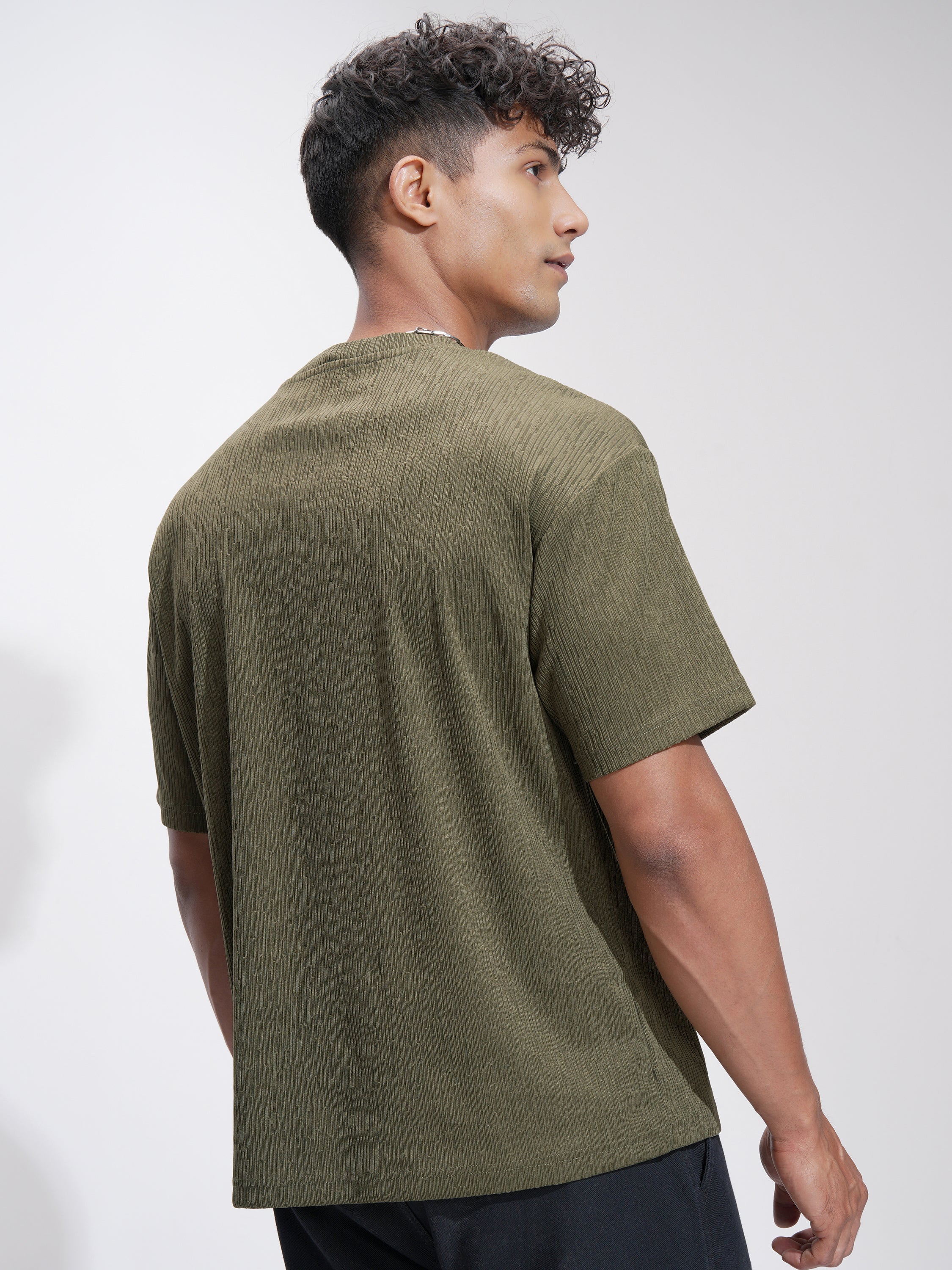 Highlander Men Olive Self Design Relaxed Fit T-Shirt - Olive - Image 3