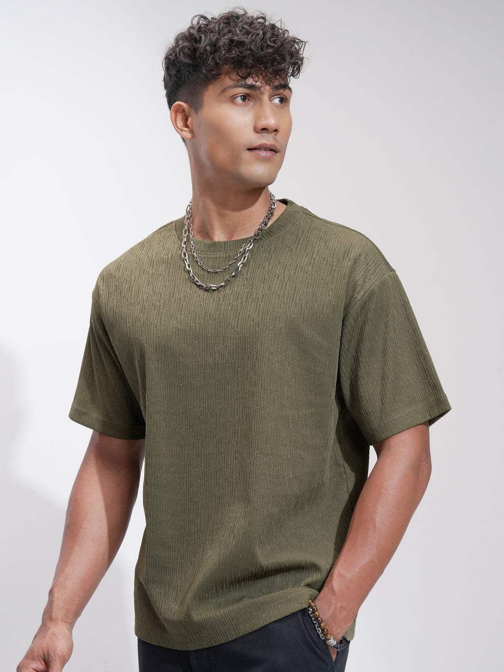 Highlander Men Olive Self Design Relaxed Fit T-Shirt - Olive - Image 4