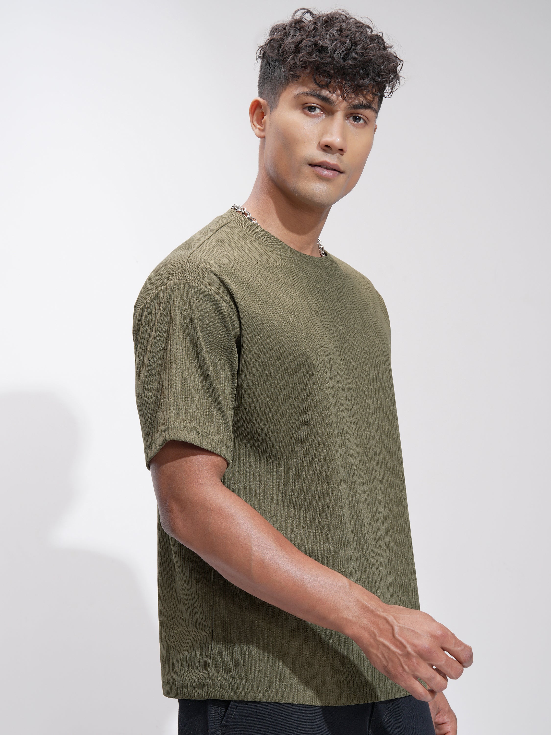 Highlander Men Olive Self Design Relaxed Fit T-Shirt - Olive - Image 6